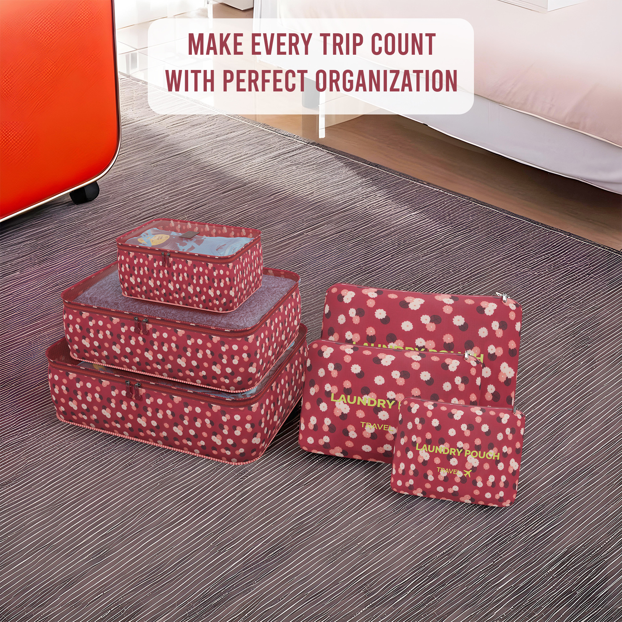 Kuber Industries Pack of 6 Foldable Travel Pouches for Women  Men with Zip  Multi-Size Luggage Organiser Bag for Travel  Packing Cube for ClothesShoesToiletries  YJ-35-RDS  Big Star - Red