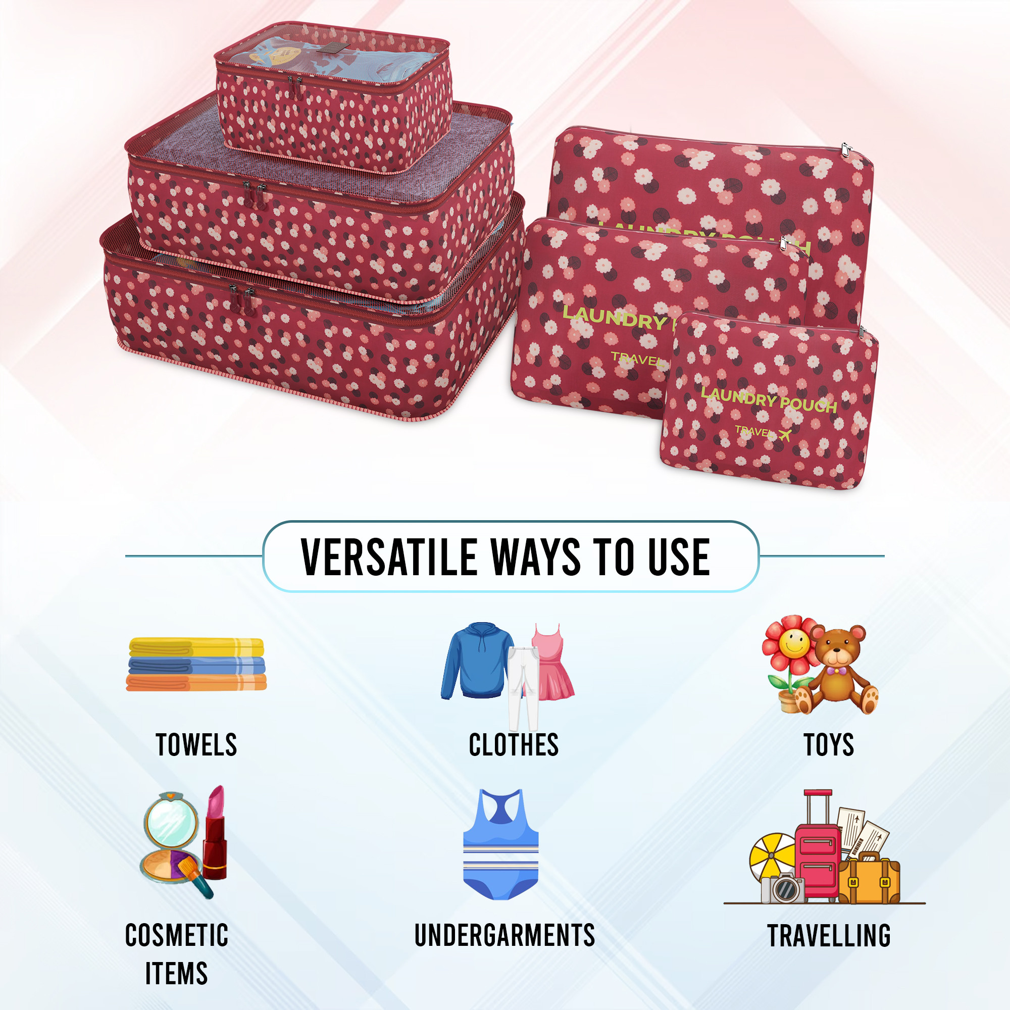 Kuber Industries Pack of 6 Foldable Travel Pouches for Women  Men with Zip  Multi-Size Luggage Organiser Bag for Travel  Packing Cube for ClothesShoesToiletries  YJ-35-RDS  Big Star - Red