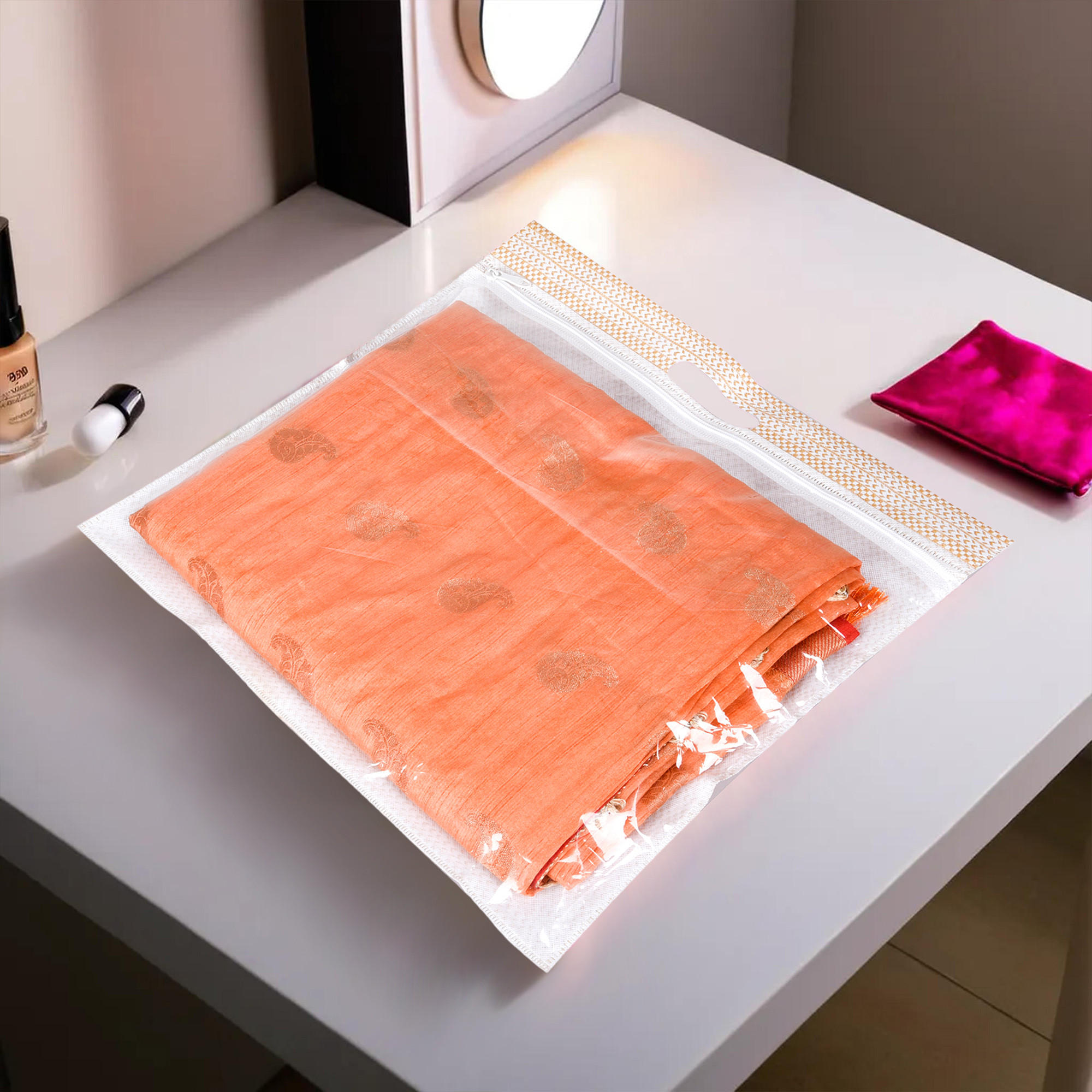 Kuber Industries Pack of 6 Saree Storage Bag  Clothes Storage Bag  Wardrobe Storage Bag  Single Packing Cloth Storage Bag  Top Visible Window Saree Bag  Handle Saree Cover  Brown