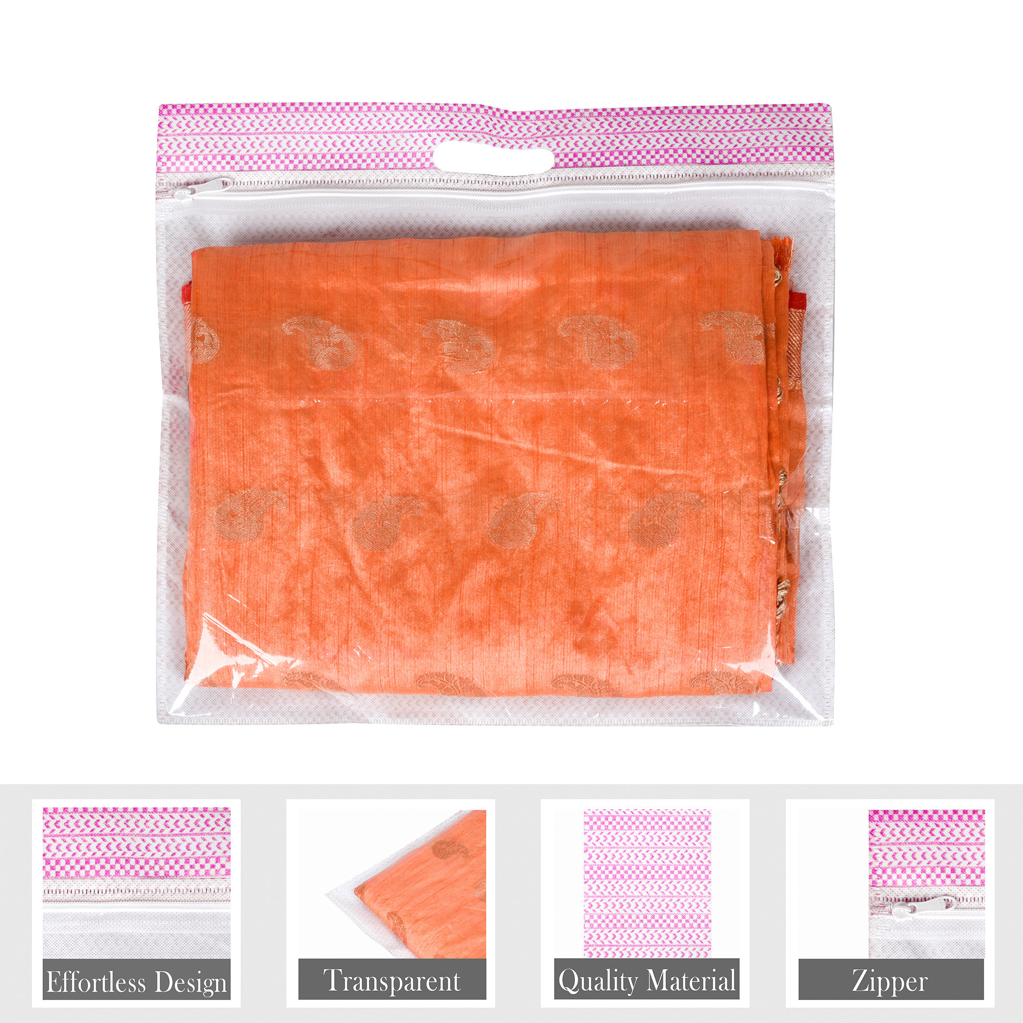 Kuber Industries Pack of 6 Saree Storage Bag  Clothes Storage Bag  Wardrobe Storage Bag  Single Packing Cloth Storage Bag  Top Visible Window Saree Bag  Handle Saree Cover  Pink