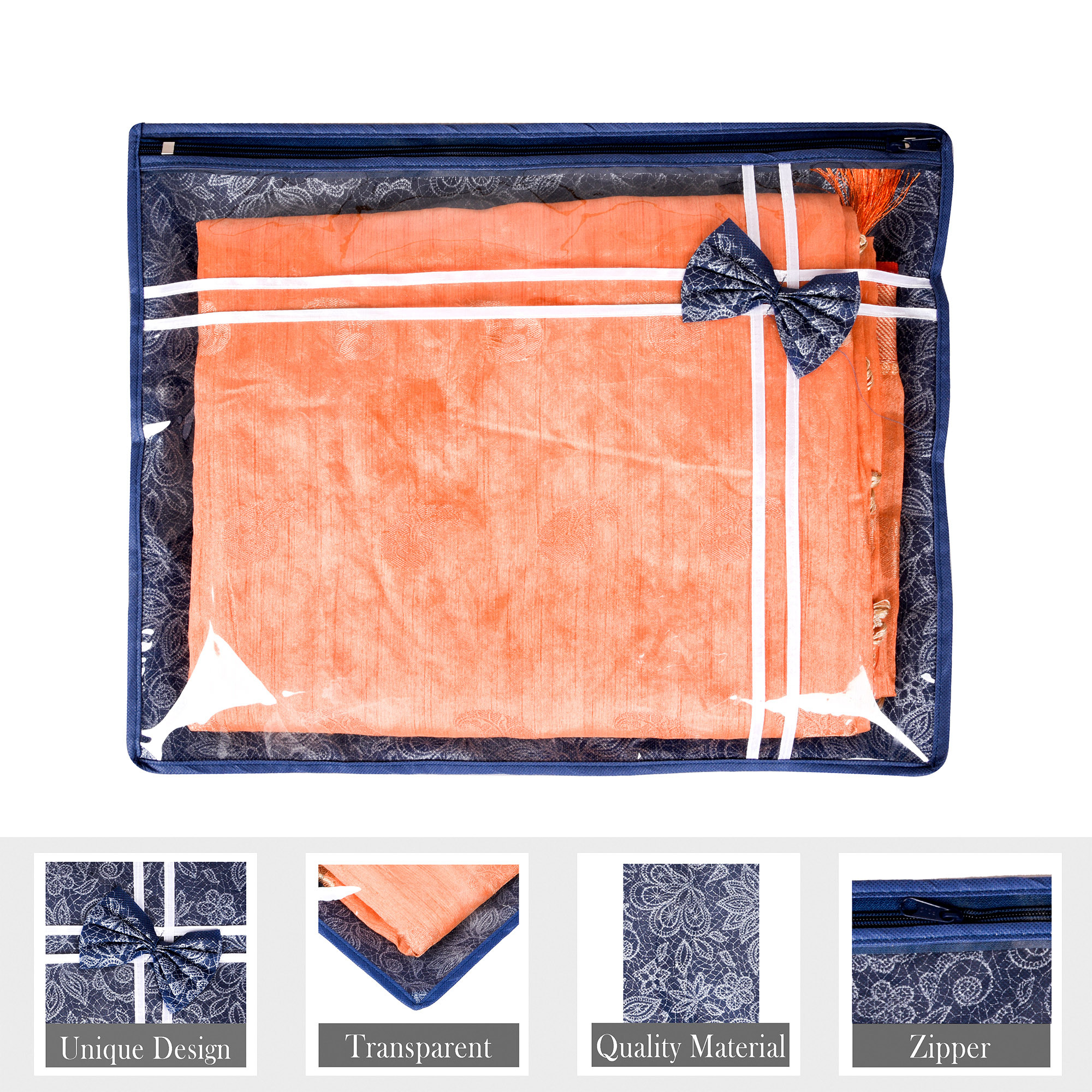 Kuber Industries Pack of 6 Saree Storage Bag  Clothes Storage Bag  Wardrobe Storage Bag  Single Packing Cloth Storage Bag  Bow-Top Visible Window Bag  Flower Printed  Navy Blue