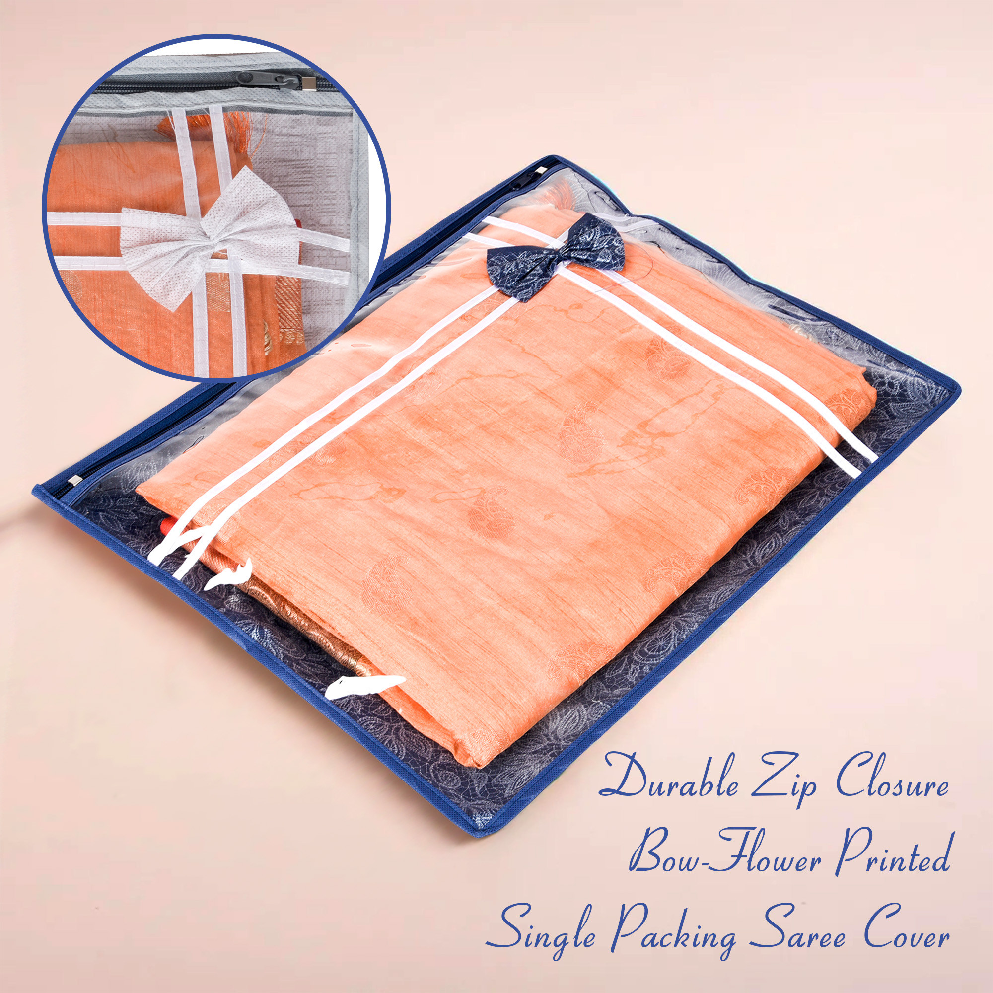 Kuber Industries Pack of 6 Saree Storage Bag  Clothes Storage Bag  Wardrobe Storage Bag  Single Packing Cloth Storage Bag  Bow-Top Visible Window Bag  Flower Printed  Navy Blue