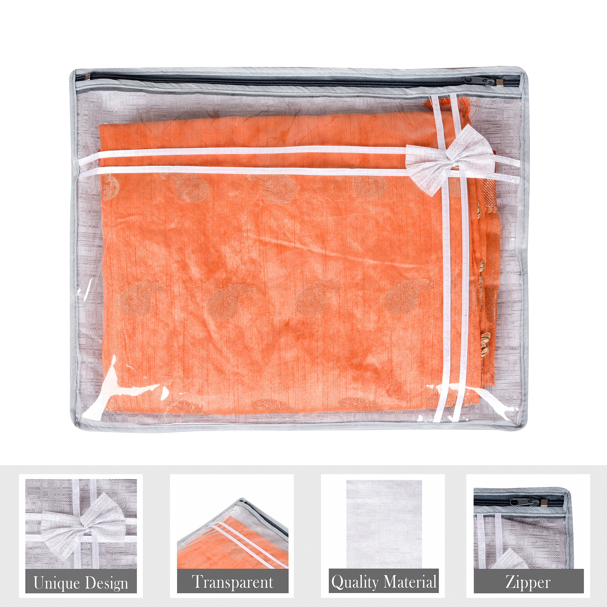 Kuber Industries Pack of 6 Saree Storage Bag  Clothes Storage Bag  Wardrobe Storage Bag  Single Packing Cloth Storage Bag  Bow-Top Visible Window Bag  Jute Printed  Gray