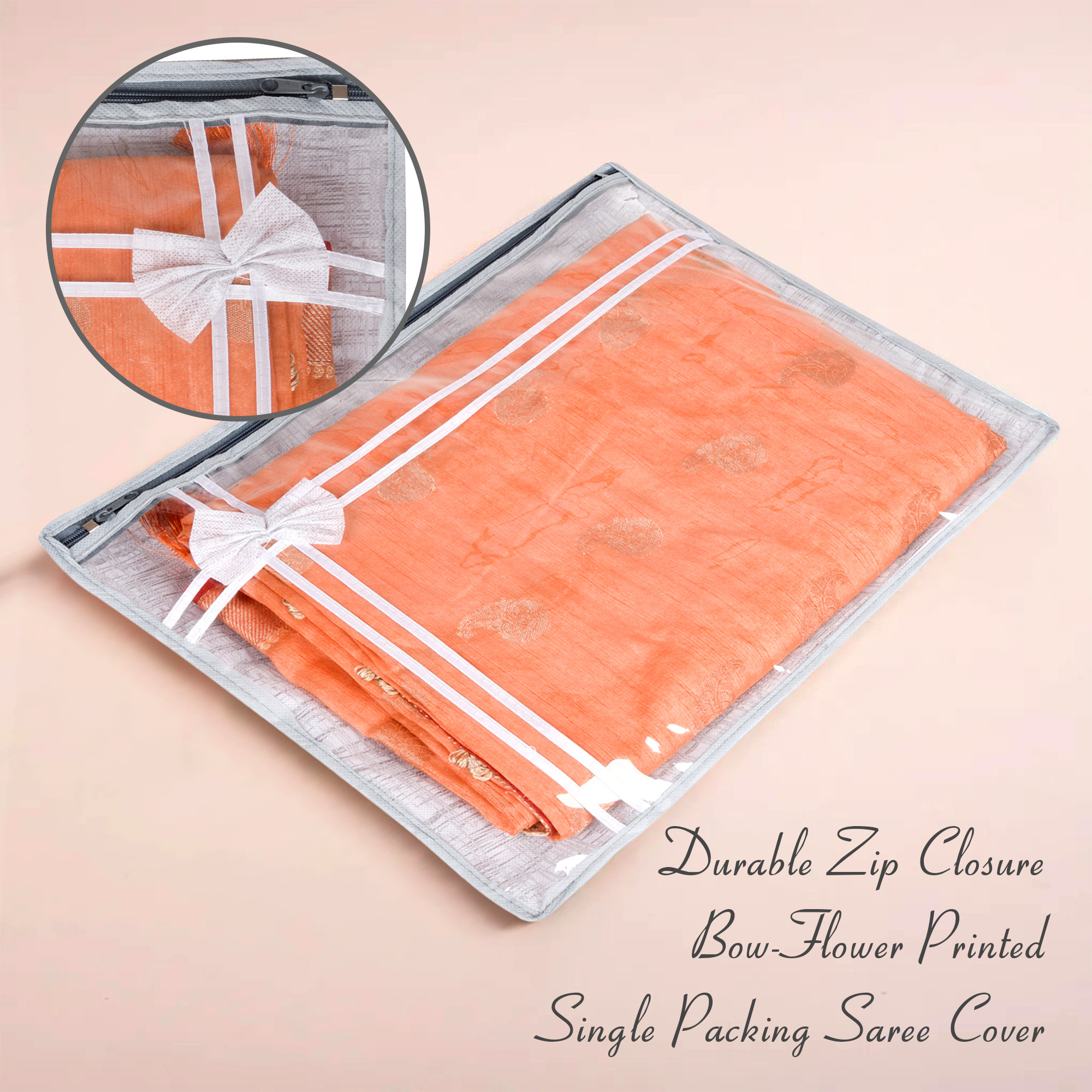 Kuber Industries Pack of 6 Saree Storage Bag  Clothes Storage Bag  Wardrobe Storage Bag  Single Packing Cloth Storage Bag  Bow-Top Visible Window Bag  Jute Printed  Gray