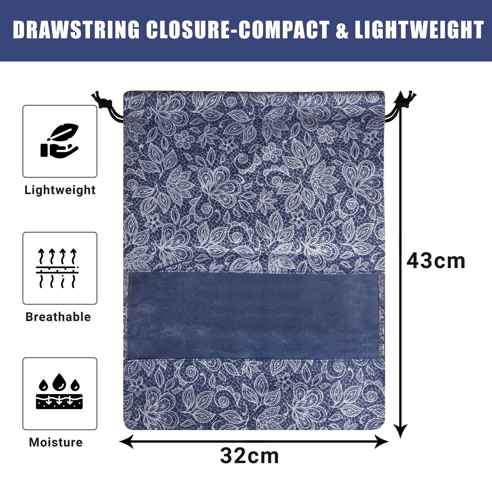 Kuber Industries Pack of 6 Shoe Bags  Travel Shoe Bags  Drawstring Shoe Bags  Storage Organizers Set  Shoe Cover with Transparent Window  Shoe Dori Pouches  Flower Printed  Navy Blue