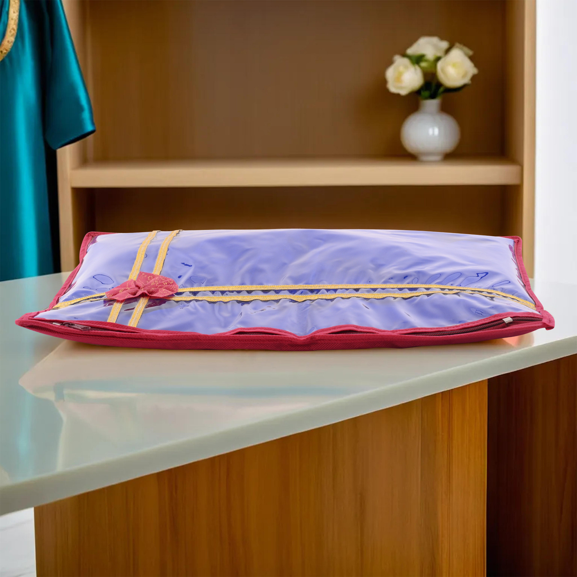 Kuber Industries Pack of 6 Single Saree Bags  Wardrobe Storage Bag for Clothes  Lightweight-Portable Garments Bag  Top Visible Window Single Packing Cloth Bag  Bow Golden Printed  Maroon