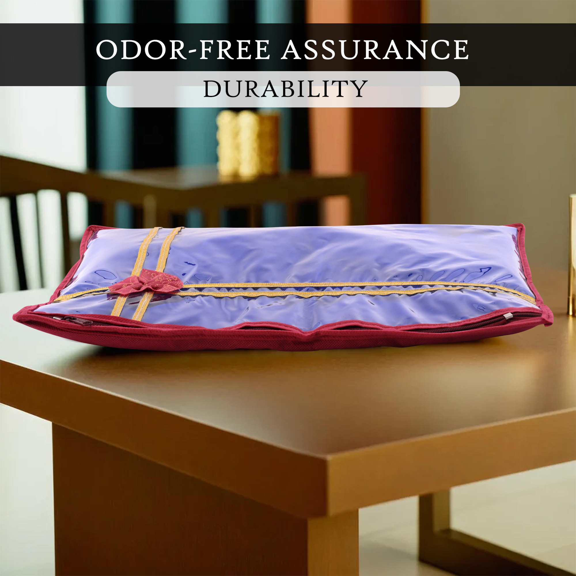 Kuber Industries Pack of 6 Single Saree Bags  Wardrobe Storage Bag for Clothes  Lightweight-Portable Garments Bag  Top Visible Window Single Packing Cloth Bag  Bow Golden Printed  Maroon