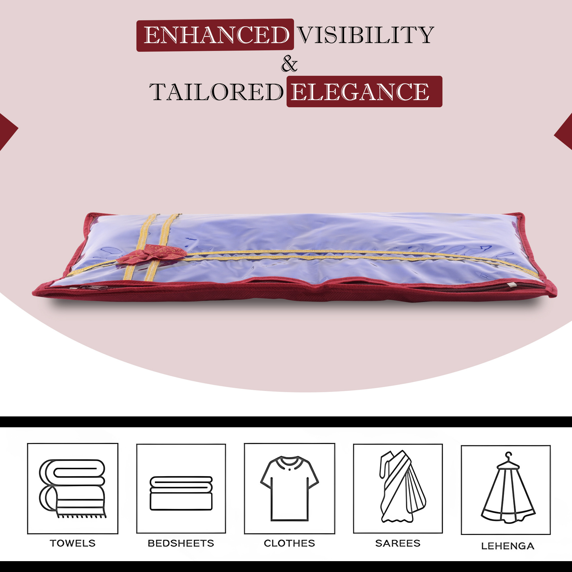 Kuber Industries Pack of 6 Single Saree Bags  Wardrobe Storage Bag for Clothes  Lightweight-Portable Garments Bag  Top Visible Window Single Packing Cloth Bag  Bow Golden Printed  Maroon