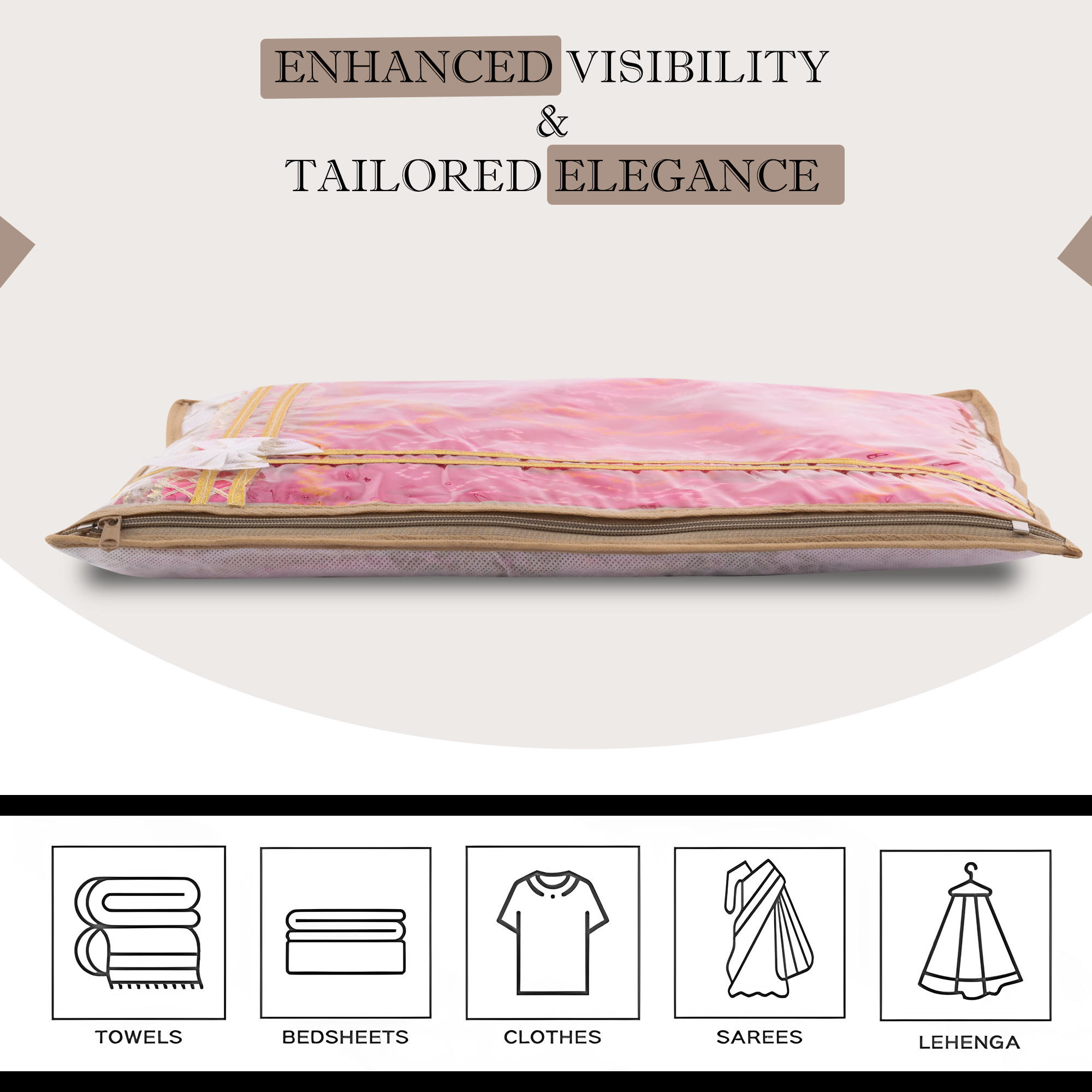 Kuber Industries Pack of 6 Single Saree Bags  Wardrobe Storage Bag for Clothes  Lightweight-Portable Garments Bag  Top Visible Window Single Packing Cloth Bag  Bow Gola Print  White