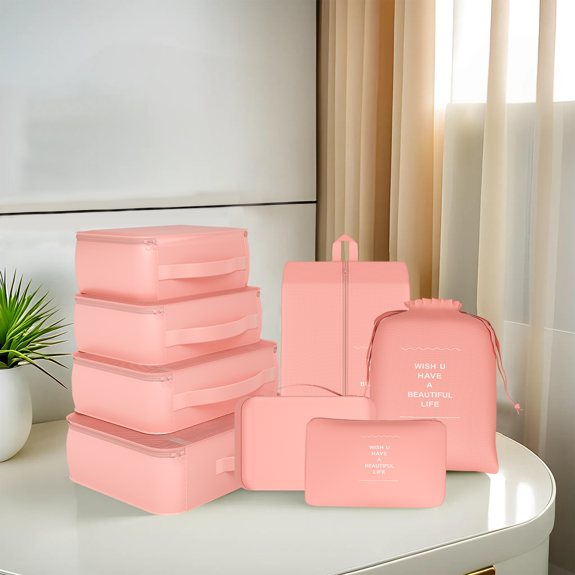 Kuber Industries Pack of 7 Foldable Travel Pouches for Women  Men with Zip  Multi-Size Luggage Organiser Bags for Travel  Packing Cube Ideal for Clothes Shoes  Toiletries  YJ-36-PNK  Pink