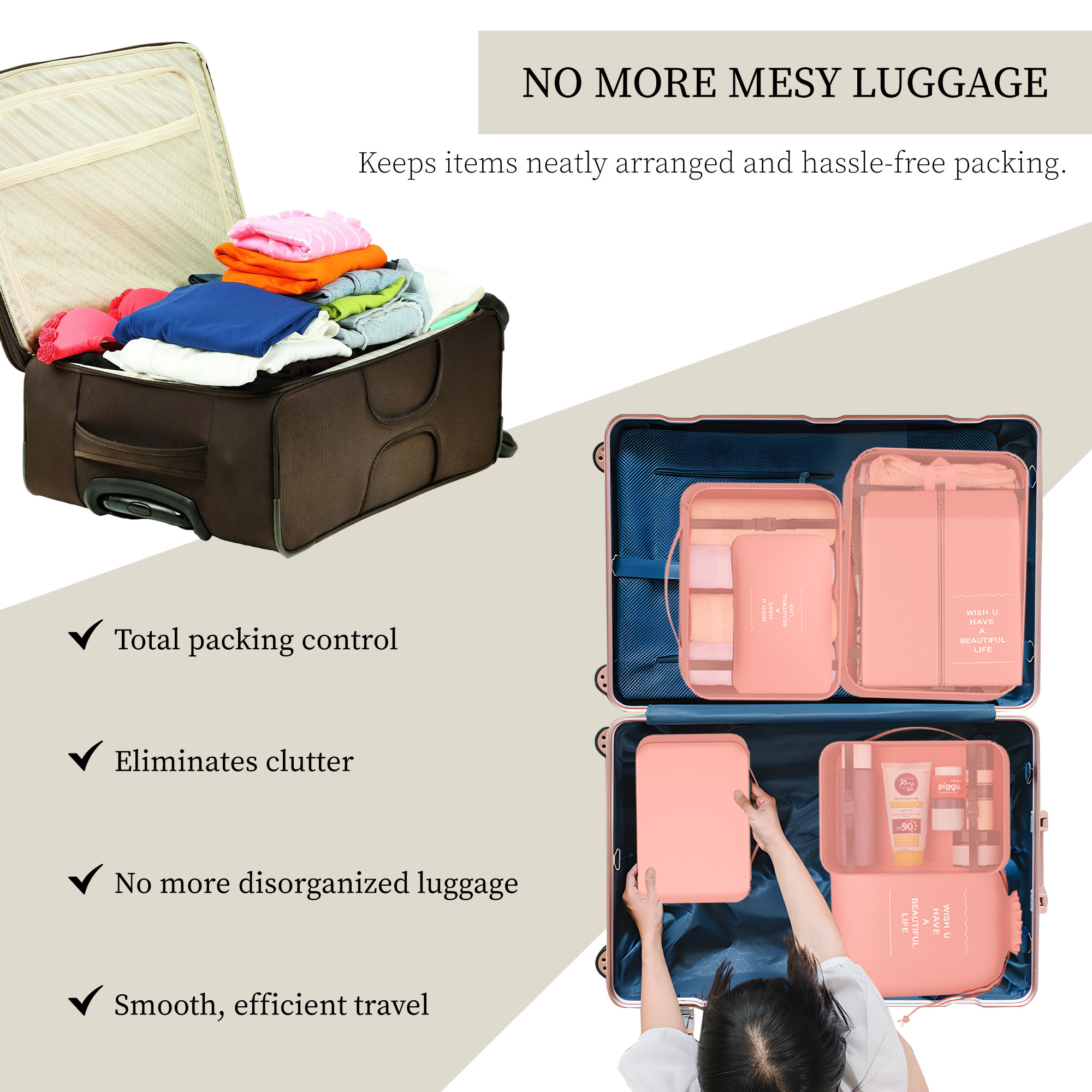 Kuber Industries Pack of 7 Foldable Travel Pouches for Women  Men with Zip  Multi-Size Luggage Organiser Bags for Travel  Packing Cube Ideal for Clothes Shoes  Toiletries  YJ-36-PNK  Pink