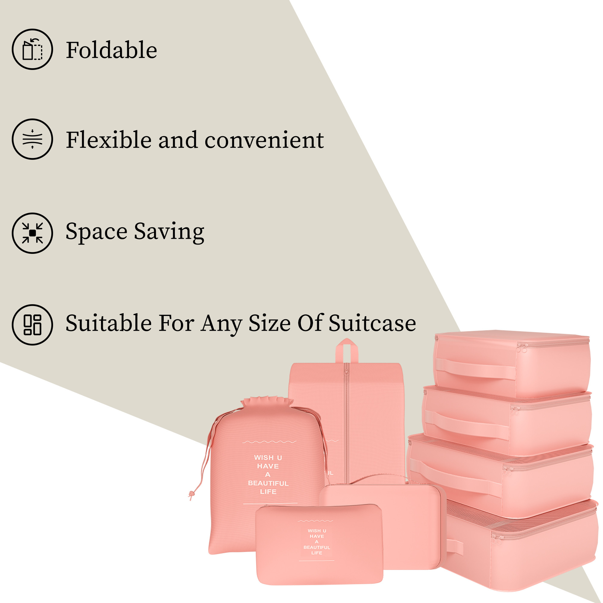 Kuber Industries Pack of 7 Foldable Travel Pouches for Women  Men with Zip  Multi-Size Luggage Organiser Bags for Travel  Packing Cube Ideal for Clothes Shoes  Toiletries  YJ-36-PNK  Pink