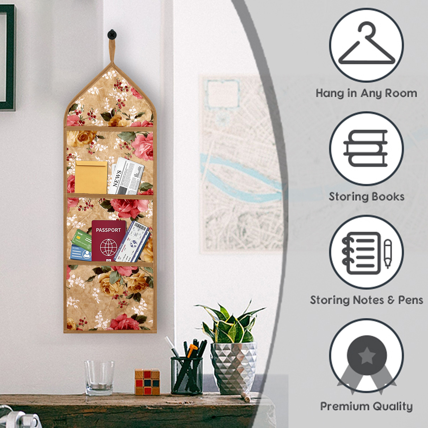 Kuber Industries Paper Holder  Foldable Hanging Organizer  PVC Flower Design Document Holder  Wall Hanging Organizer with 3 Pocket  Beige