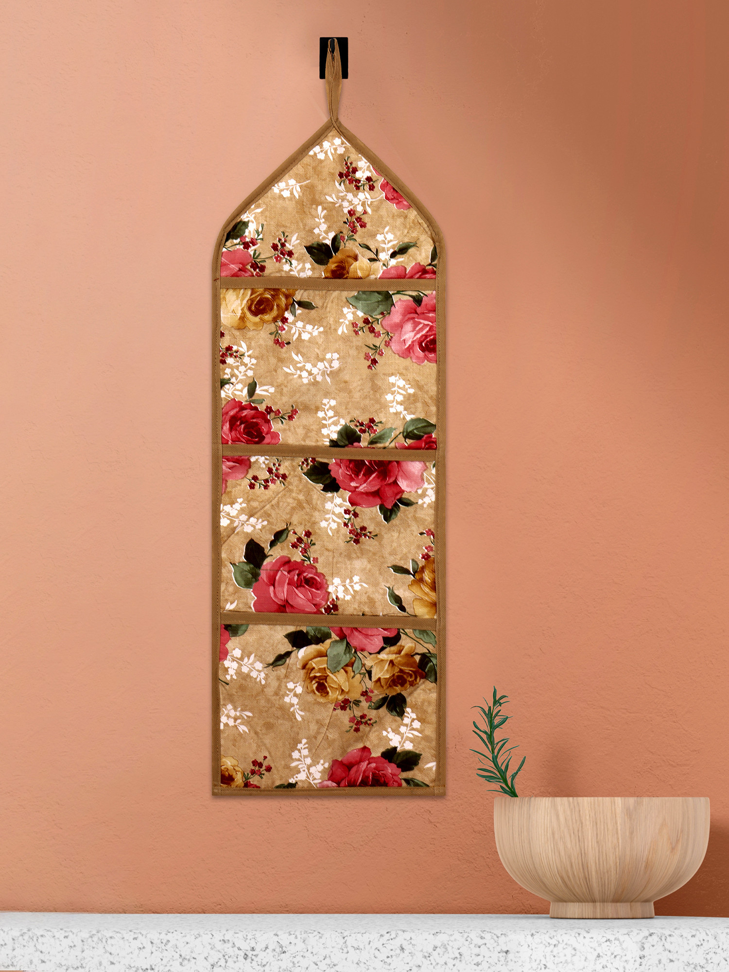Kuber Industries Paper Holder | Foldable Hanging Organizer | PVC Flower Design Document Holder | Wall Hanging Organizer with 3 Pocket | Beige