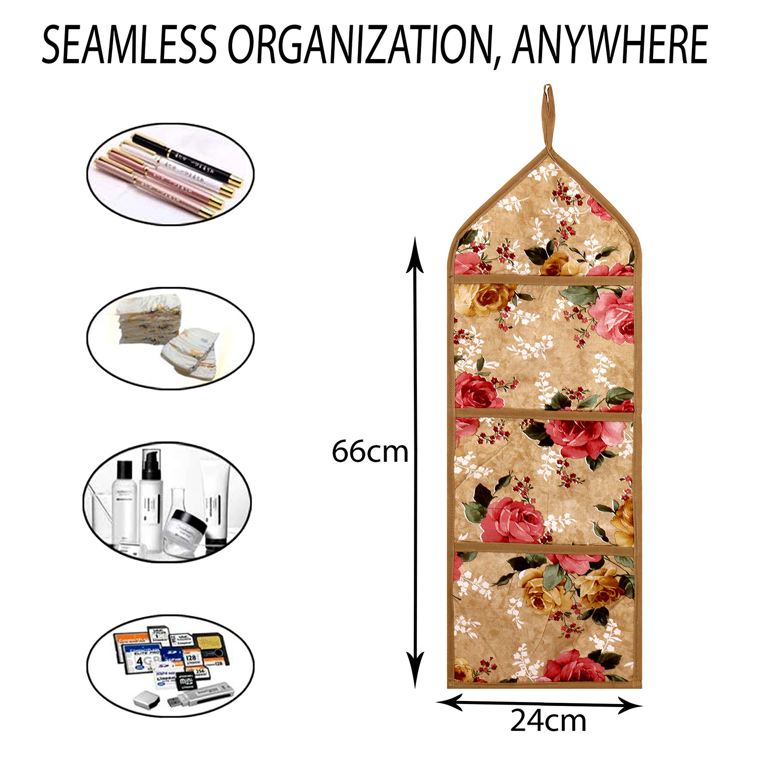 Kuber Industries Paper Holder | Foldable Hanging Organizer | PVC Flower Design Document Holder | Wall Hanging Organizer with 3 Pocket | Beige