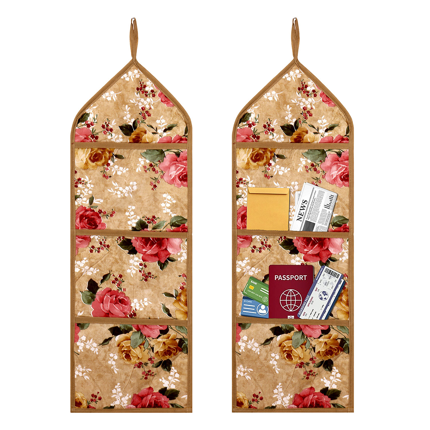 Kuber Industries Paper Holder | Foldable Hanging Organizer | PVC Flower Design Document Holder | Wall Hanging Organizer with 3 Pocket | Beige