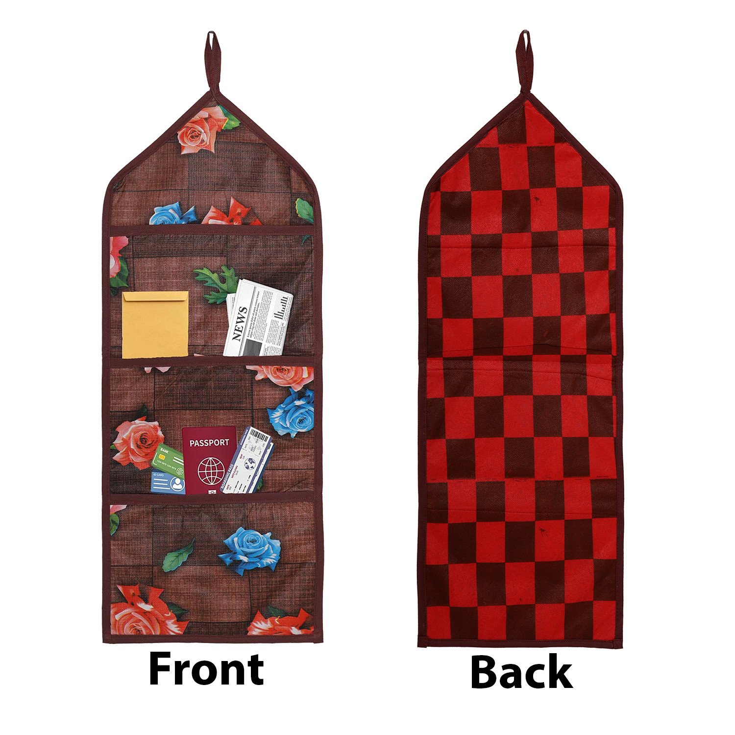 Kuber Industries Paper Holder  Foldable Hanging Organizer  PVC Gulab Document Holder  Wall Hanging Organizer with 3 Pocket  Maroon