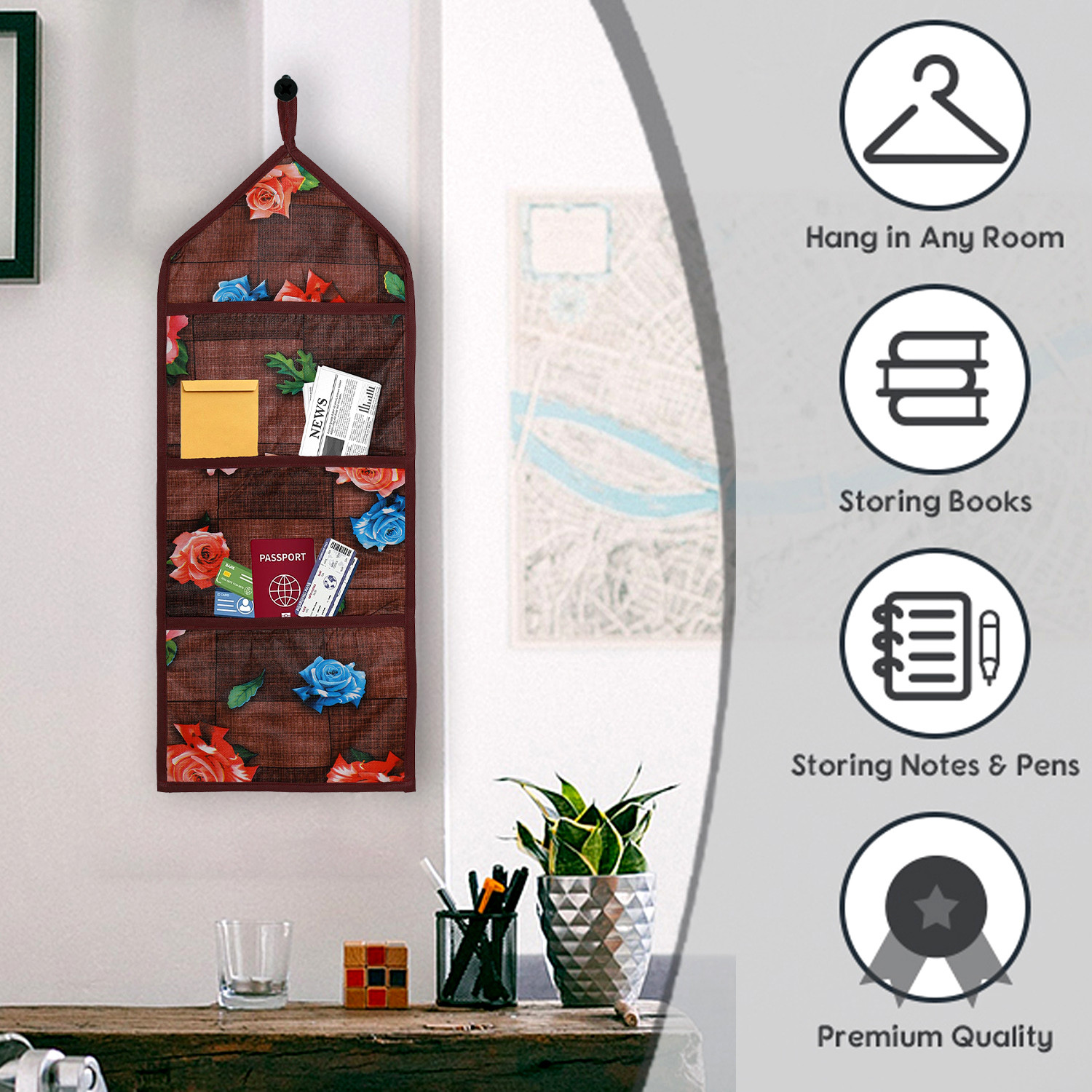 Kuber Industries Paper Holder  Foldable Hanging Organizer  PVC Gulab Document Holder  Wall Hanging Organizer with 3 Pocket  Maroon