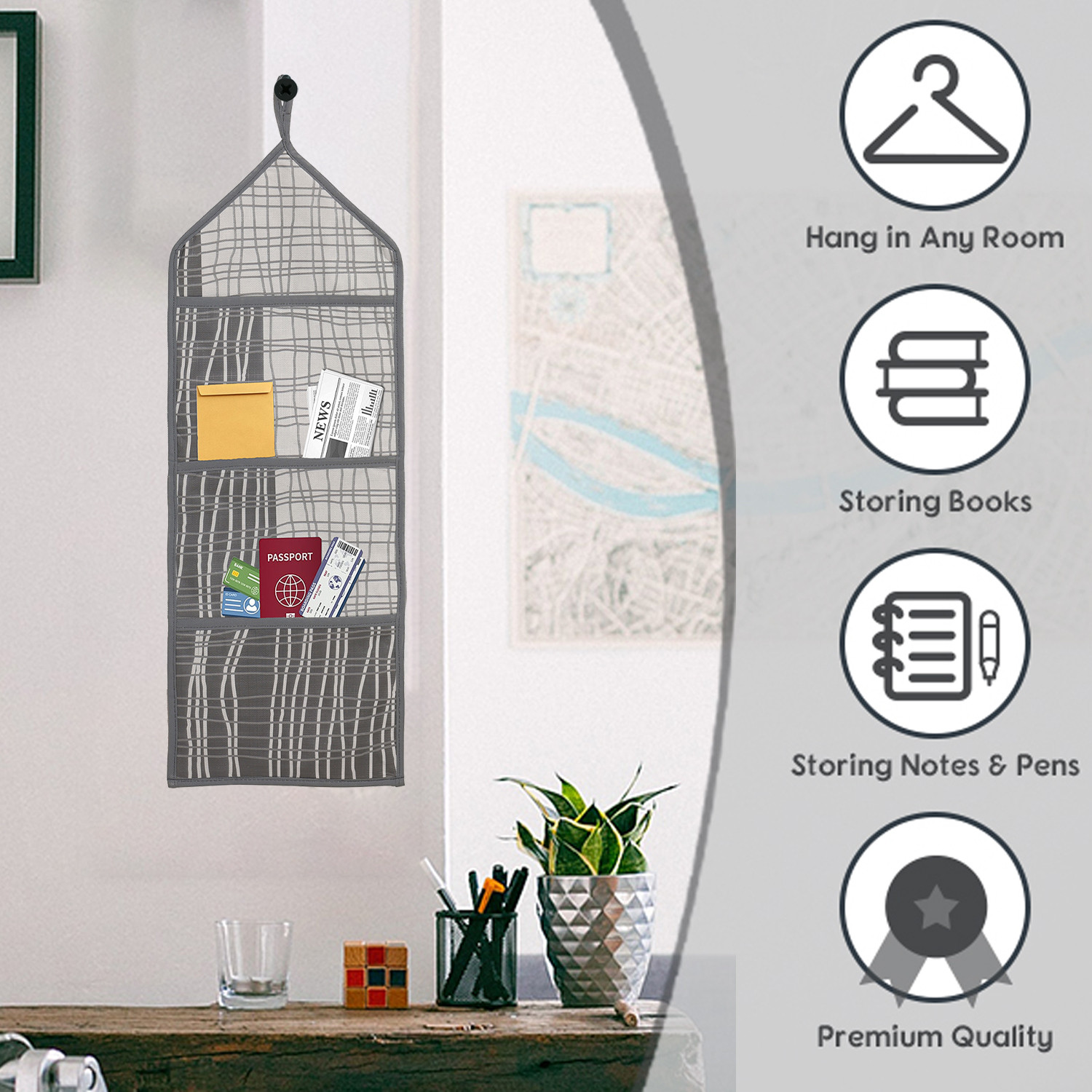 Kuber Industries Paper Holder  Foldable Hanging Organizer  PVC Lining Design Magazine Holder  Document Organizer  Wall Hanging Letter Holder with 3 Pocket  Gray