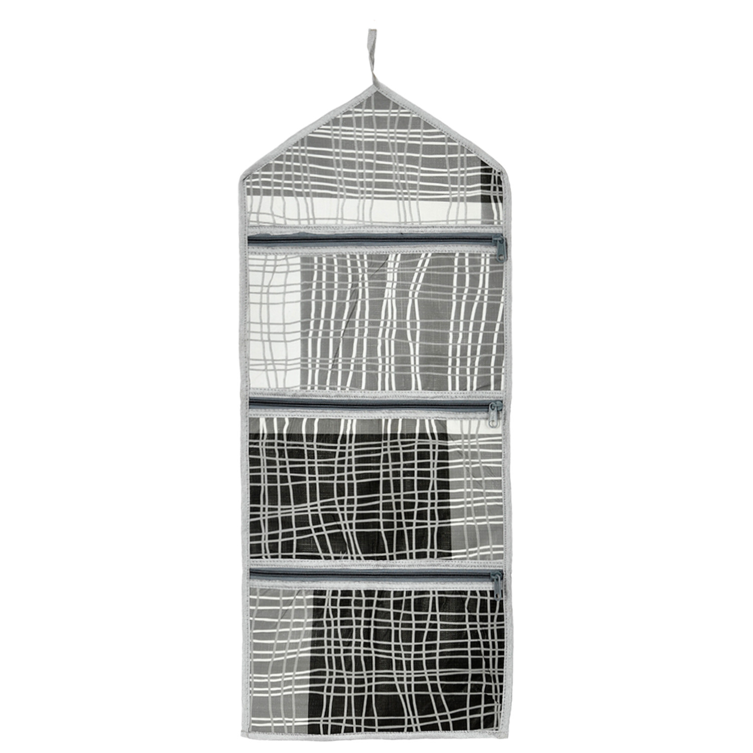 Kuber Industries Paper Holder | Foldable Hanging Organizer | PVC Lining Pattern Document Holder | 3 Pocket Wall Hanging Holder with Zipper | Gray & Black