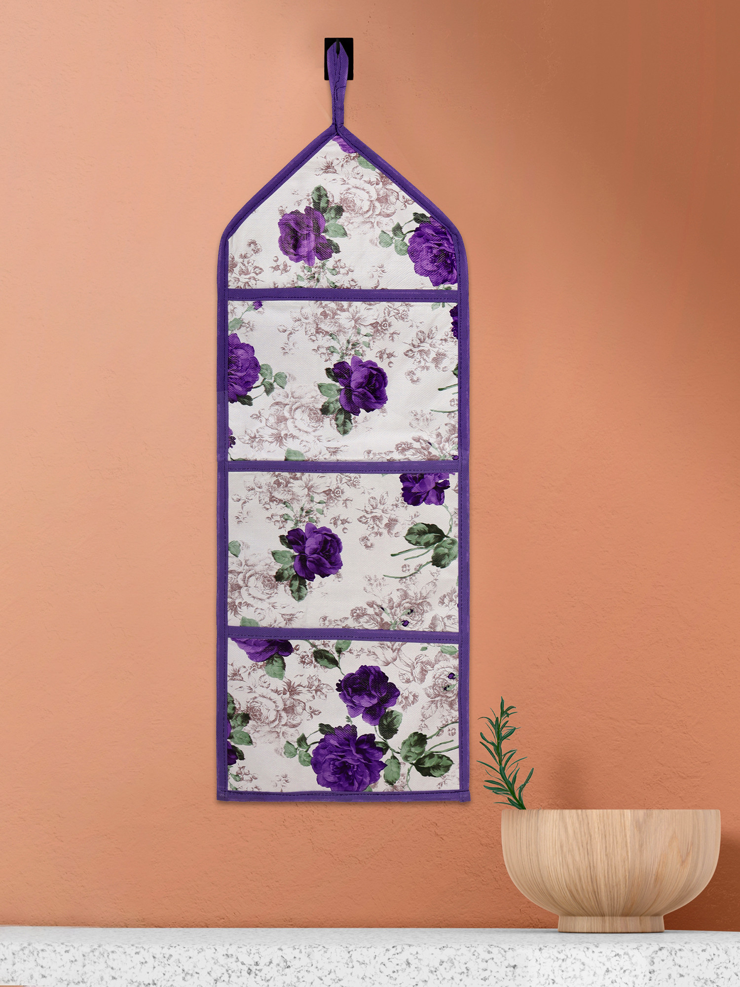 Kuber Industries Paper Holder | Foldable Hanging Organizer | PVC Purple Flower Document Holder | Wall Hanging Organizer with 3 Pocket | White