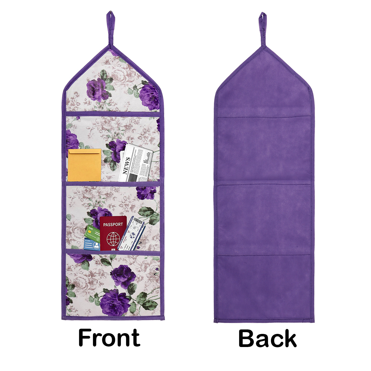 Kuber Industries Paper Holder | Foldable Hanging Organizer | PVC Purple Flower Document Holder | Wall Hanging Organizer with 3 Pocket | White