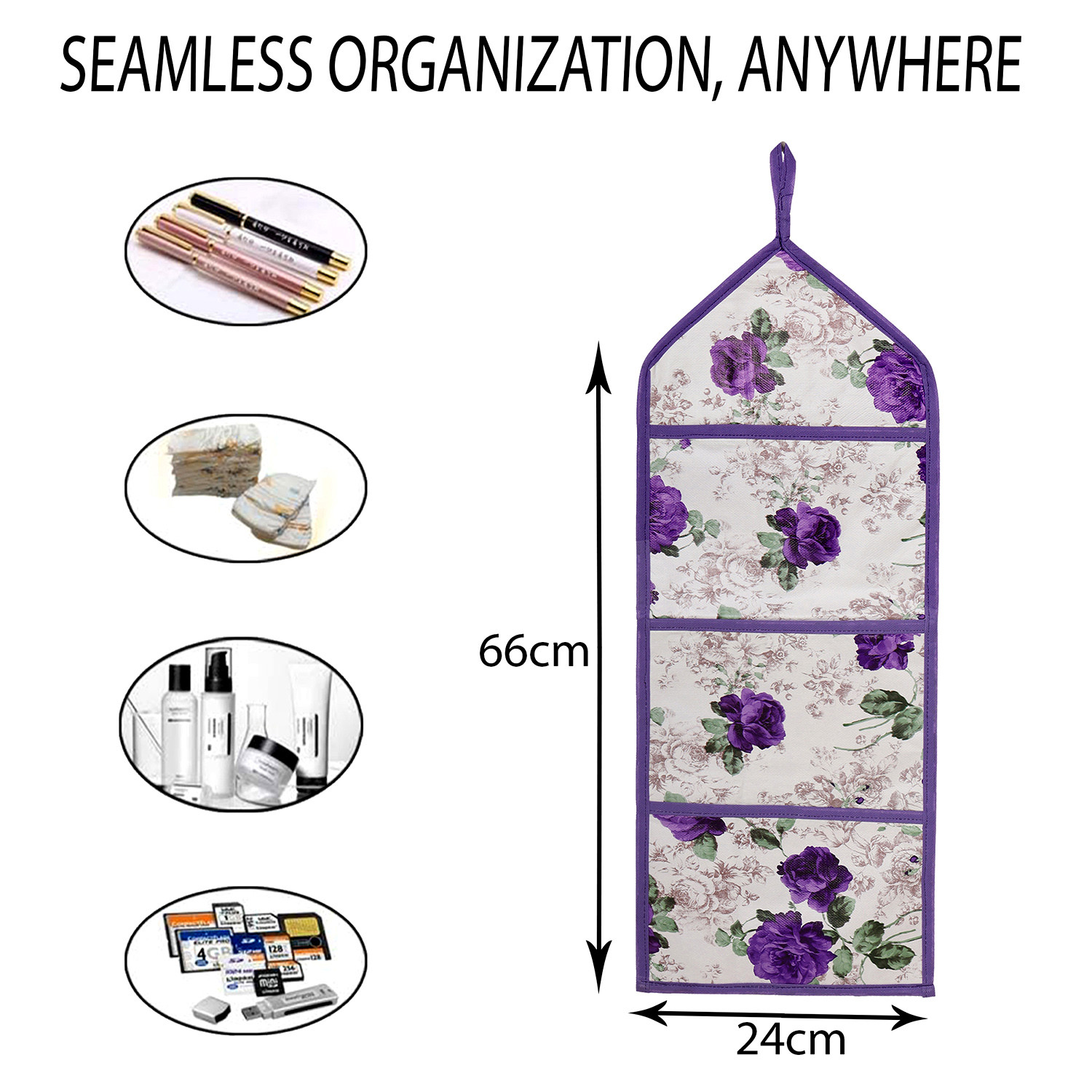 Kuber Industries Paper Holder | Foldable Hanging Organizer | PVC Purple Flower Document Holder | Wall Hanging Organizer with 3 Pocket | White