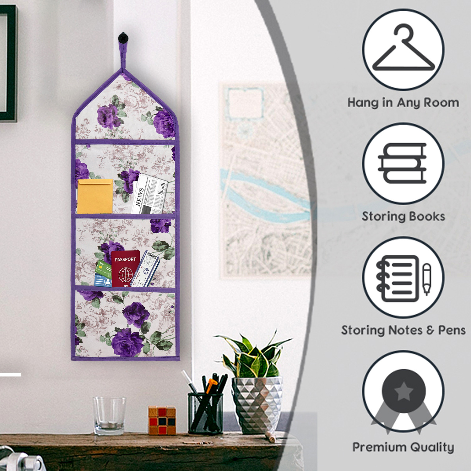 Kuber Industries Paper Holder | Foldable Hanging Organizer | PVC Purple Flower Document Holder | Wall Hanging Organizer with 3 Pocket | White