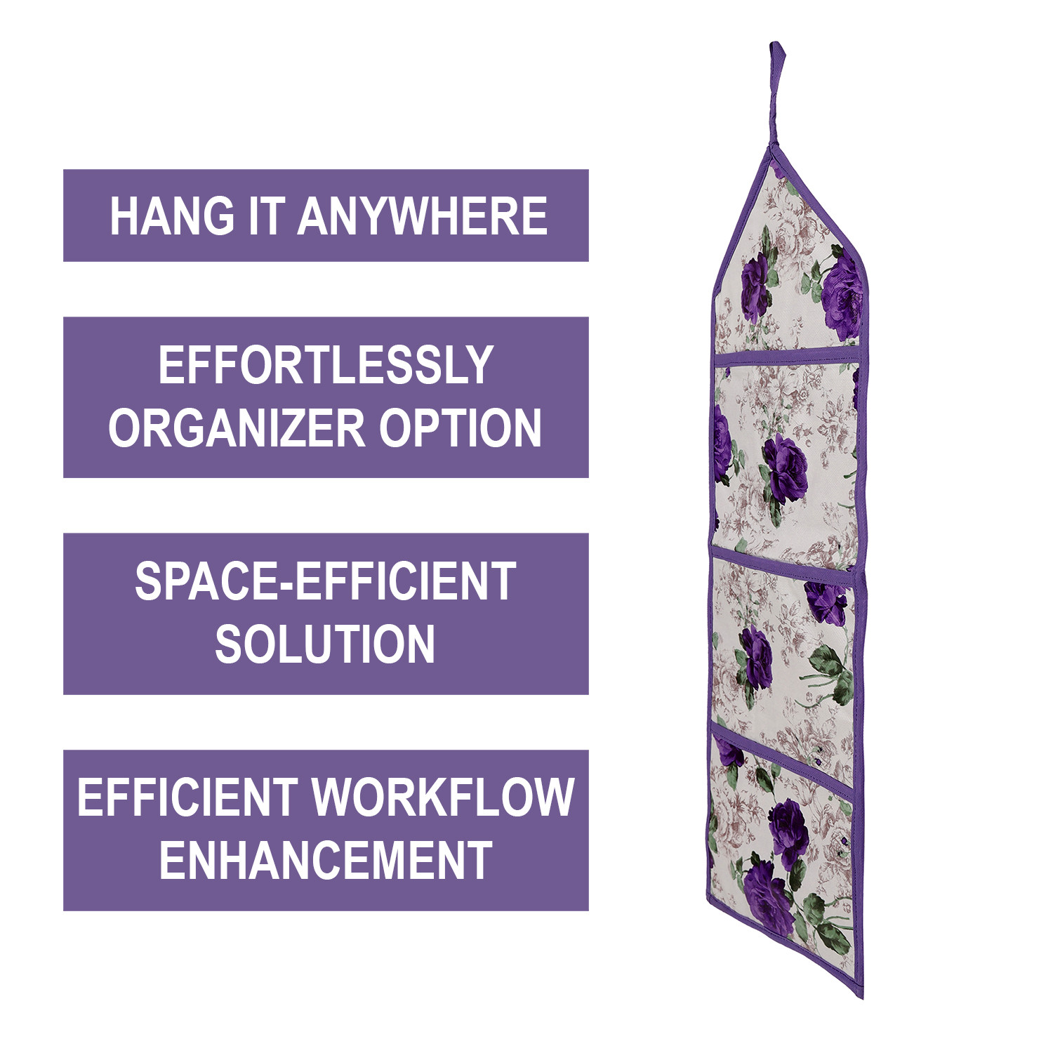 Kuber Industries Paper Holder | Foldable Hanging Organizer | PVC Purple Flower Document Holder | Wall Hanging Organizer with 3 Pocket | White
