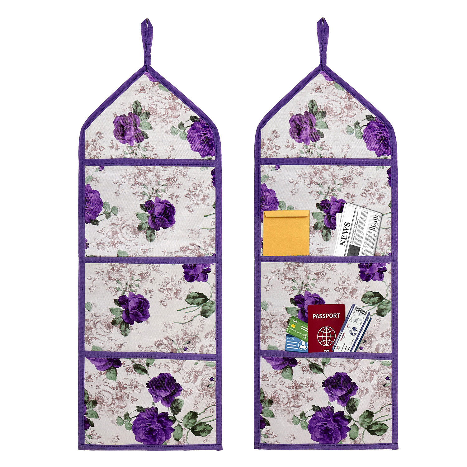 Kuber Industries Paper Holder | Foldable Hanging Organizer | PVC Purple Flower Document Holder | Wall Hanging Organizer with 3 Pocket | White