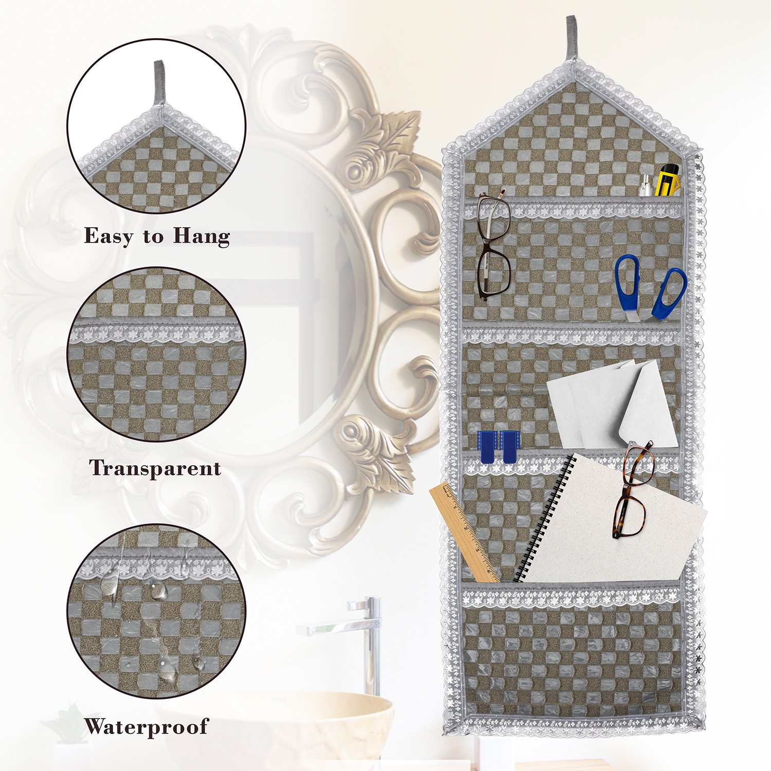 Kuber Industries Paper Holder  Foldable Hanging Organizer  PVC Shining Check Design Document Holder  Wall Hanging Organizer with 3 Pocket  Silver