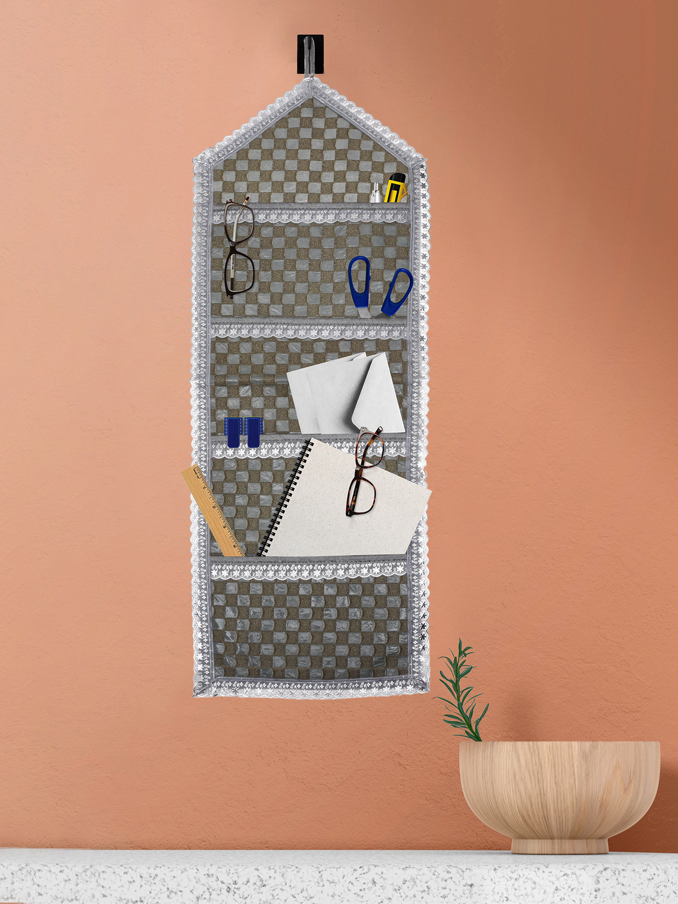 Kuber Industries Paper Holder | Foldable Hanging Organizer | PVC Shining Check Design Document Holder | Wall Hanging Organizer with 3 Pocket | Silver