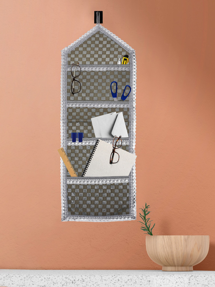 Kuber Industries Paper Holder | Foldable Hanging Organizer | PVC Shining Check Design Document Holder | Wall Hanging Organizer with 3 Pocket | Silver