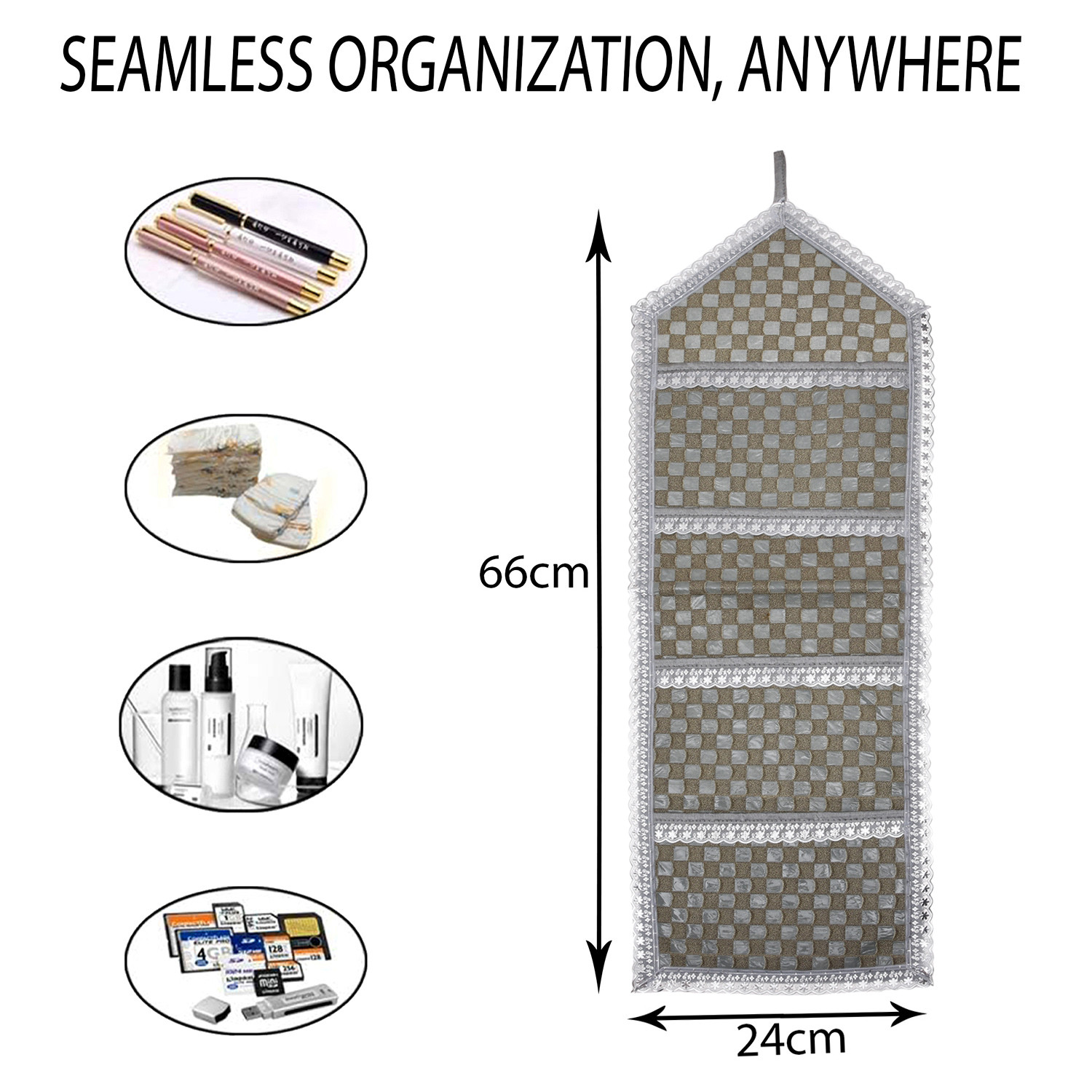 Kuber Industries Paper Holder | Foldable Hanging Organizer | PVC Shining Check Design Document Holder | Wall Hanging Organizer with 3 Pocket | Silver