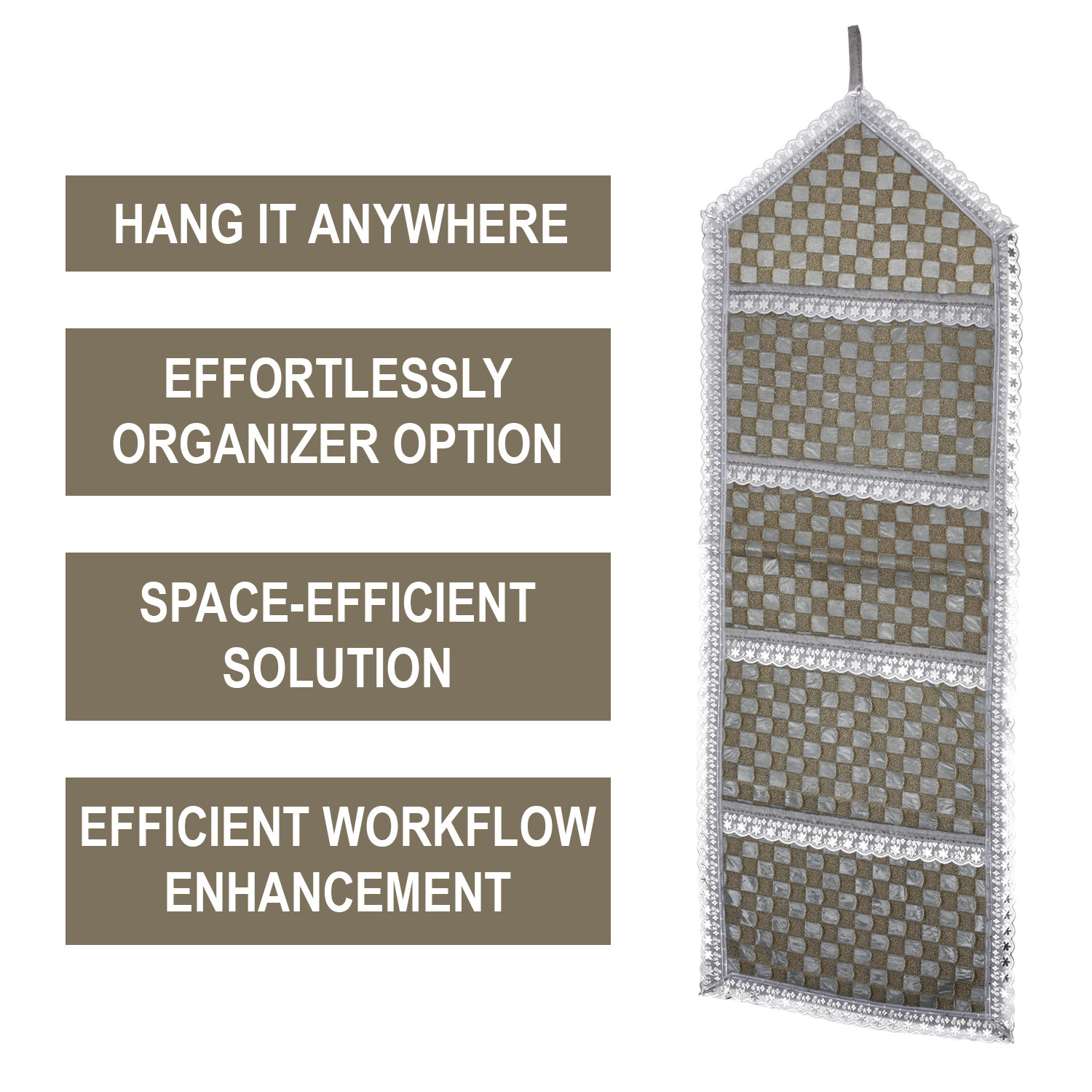 Kuber Industries Paper Holder | Foldable Hanging Organizer | PVC Shining Check Design Document Holder | Wall Hanging Organizer with 3 Pocket | Silver