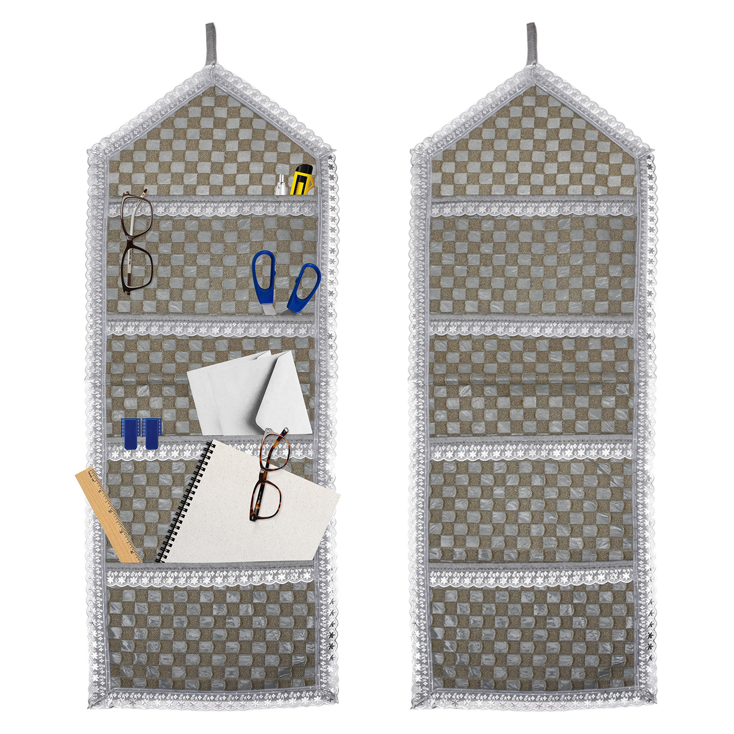 Kuber Industries Paper Holder | Foldable Hanging Organizer | PVC Shining Check Design Document Holder | Wall Hanging Organizer with 3 Pocket | Silver