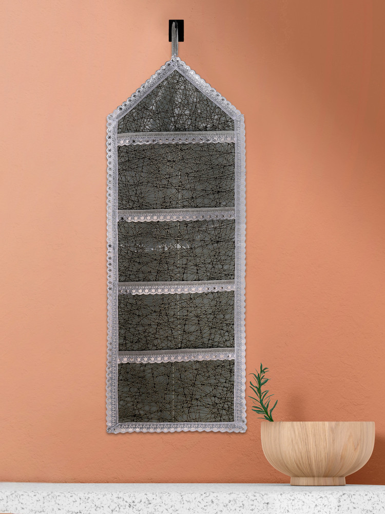 Kuber Industries Paper Holder | Foldable Hanging Organizer | PVC Shining Cross Line Design Document Holder | Wall Hanging Organizer with 3 Pocket | Silver