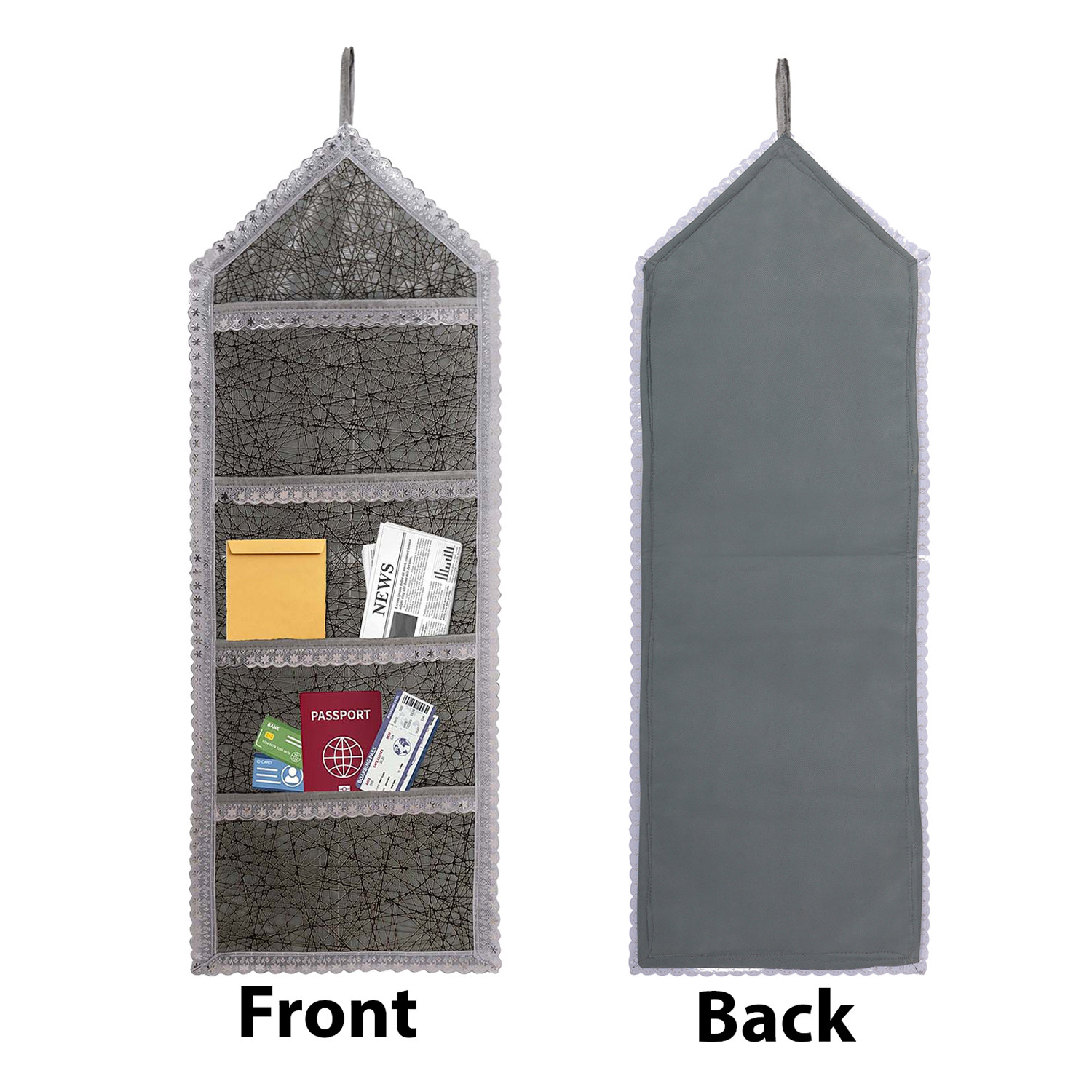 Kuber Industries Paper Holder | Foldable Hanging Organizer | PVC Shining Cross Line Design Document Holder | Wall Hanging Organizer with 3 Pocket | Silver