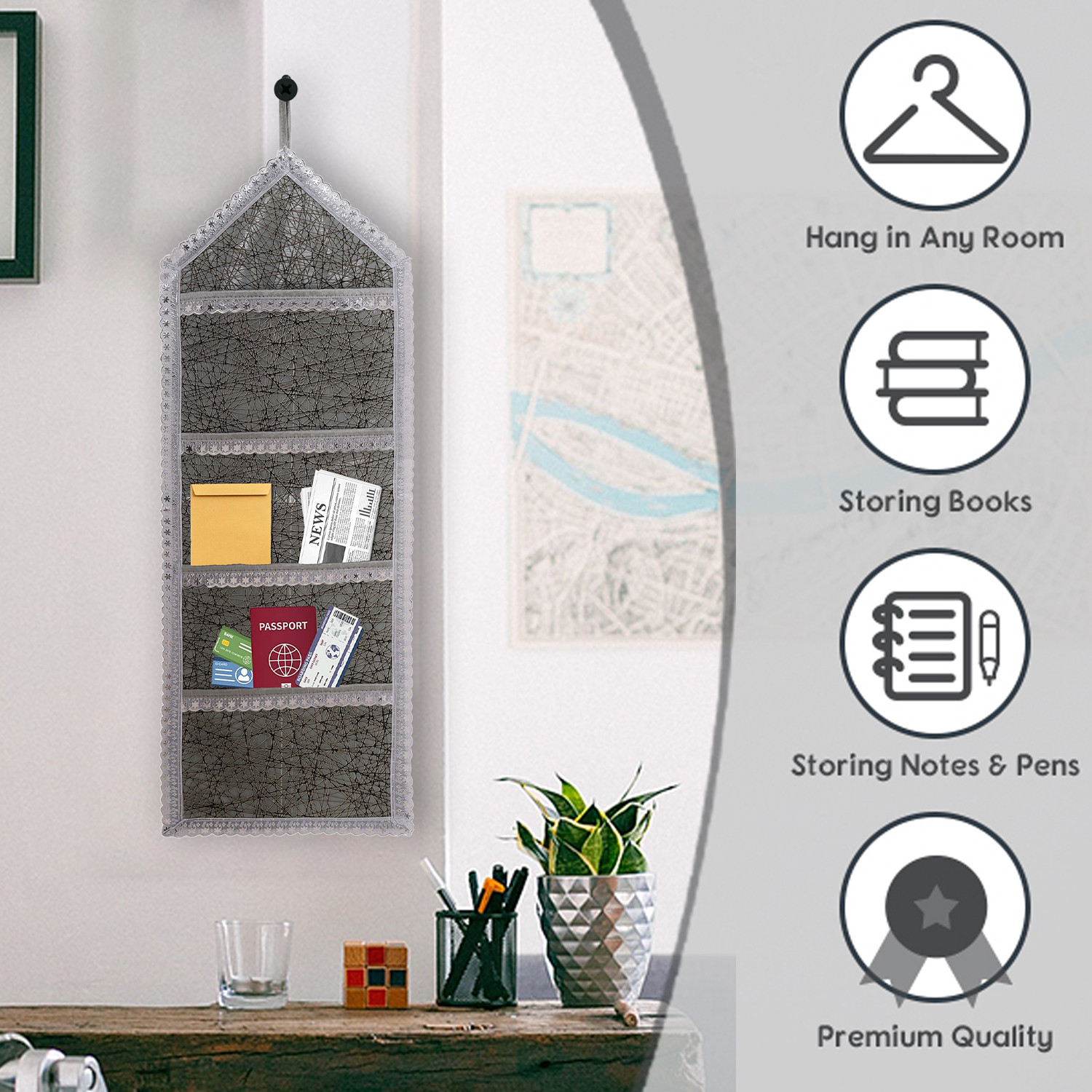 Kuber Industries Paper Holder | Foldable Hanging Organizer | PVC Shining Cross Line Design Document Holder | Wall Hanging Organizer with 3 Pocket | Silver
