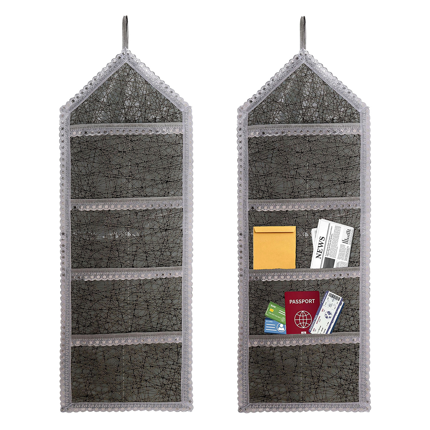 Kuber Industries Paper Holder | Foldable Hanging Organizer | PVC Shining Cross Line Design Document Holder | Wall Hanging Organizer with 3 Pocket | Silver
