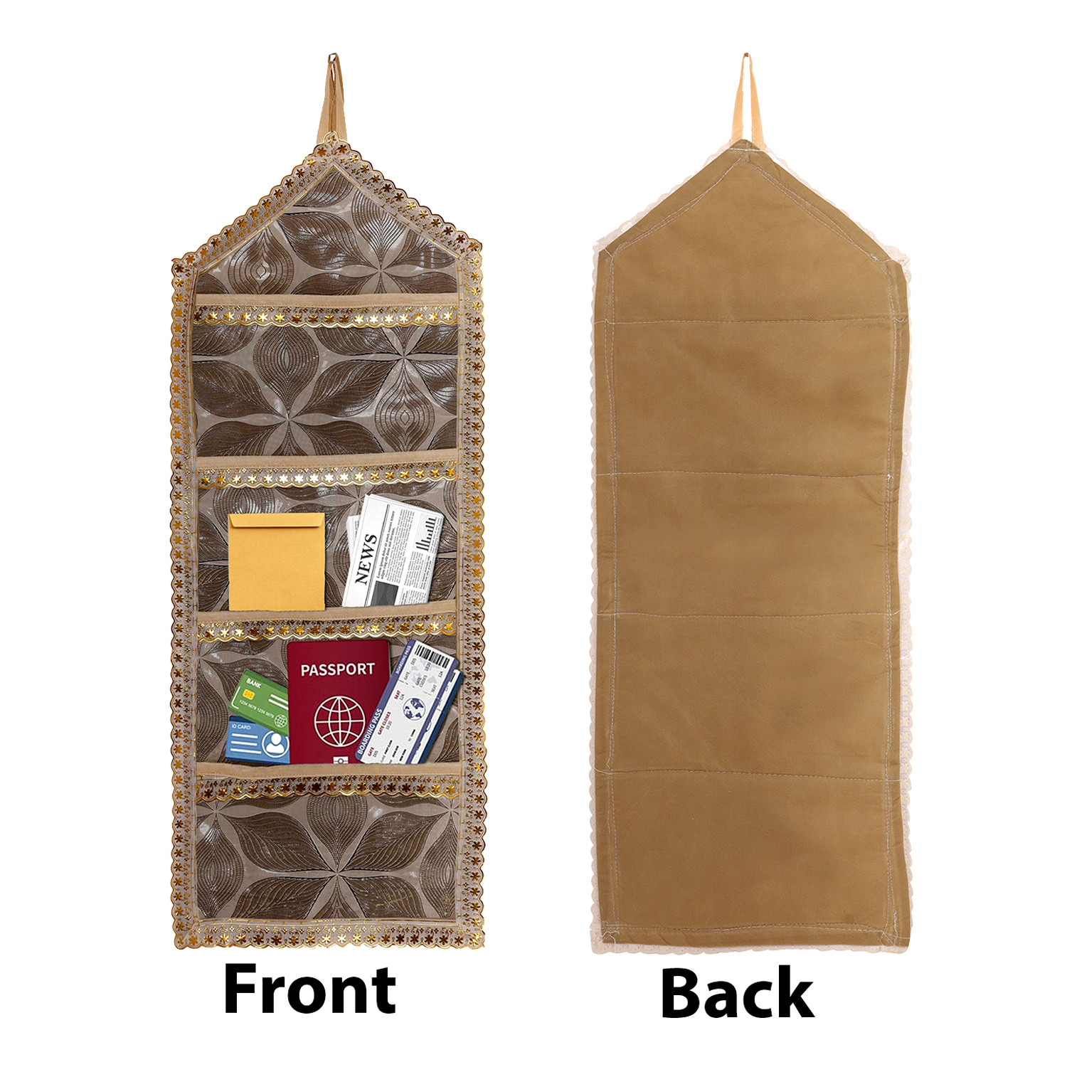 Kuber Industries Paper Holder  Foldable Hanging Organizer  PVC Shining Leaf Design Document Holder  Wall Hanging Organizer with 3 Pocket  Golden