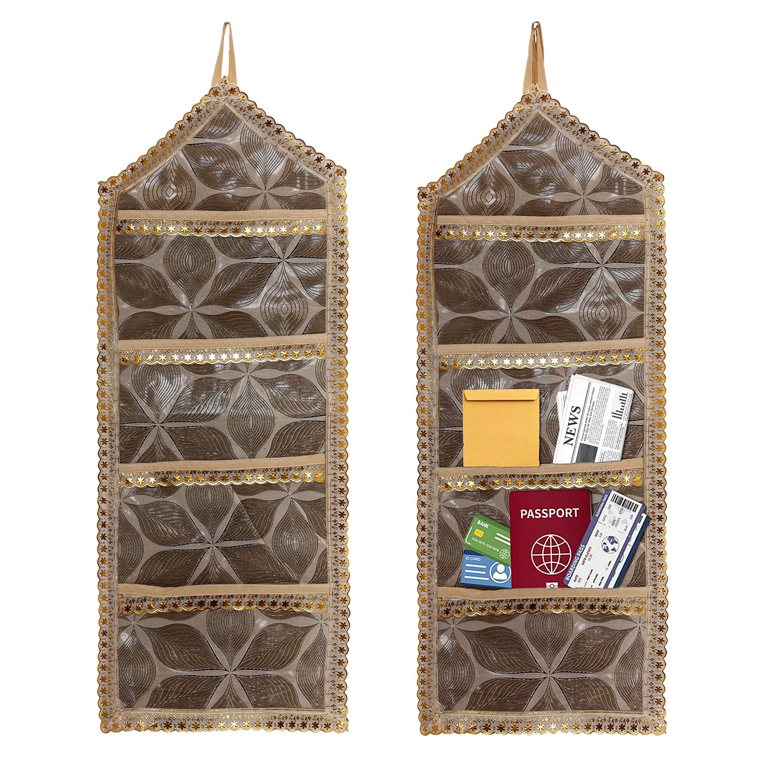 Kuber Industries Paper Holder | Foldable Hanging Organizer | PVC Shining Leaf Design Document Holder | Wall Hanging Organizer with 3 Pocket | Golden