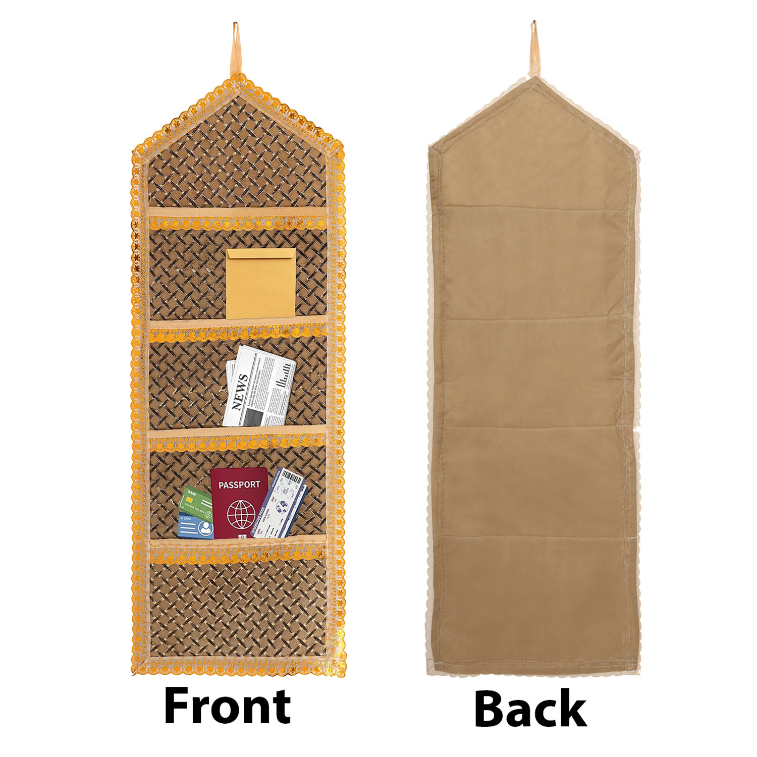 Kuber Industries Paper Holder  Foldable Hanging Organizer  PVC Shining Zig Zag Design Document Holder  Wall Hanging Organizer with 3 Pocket  Golden