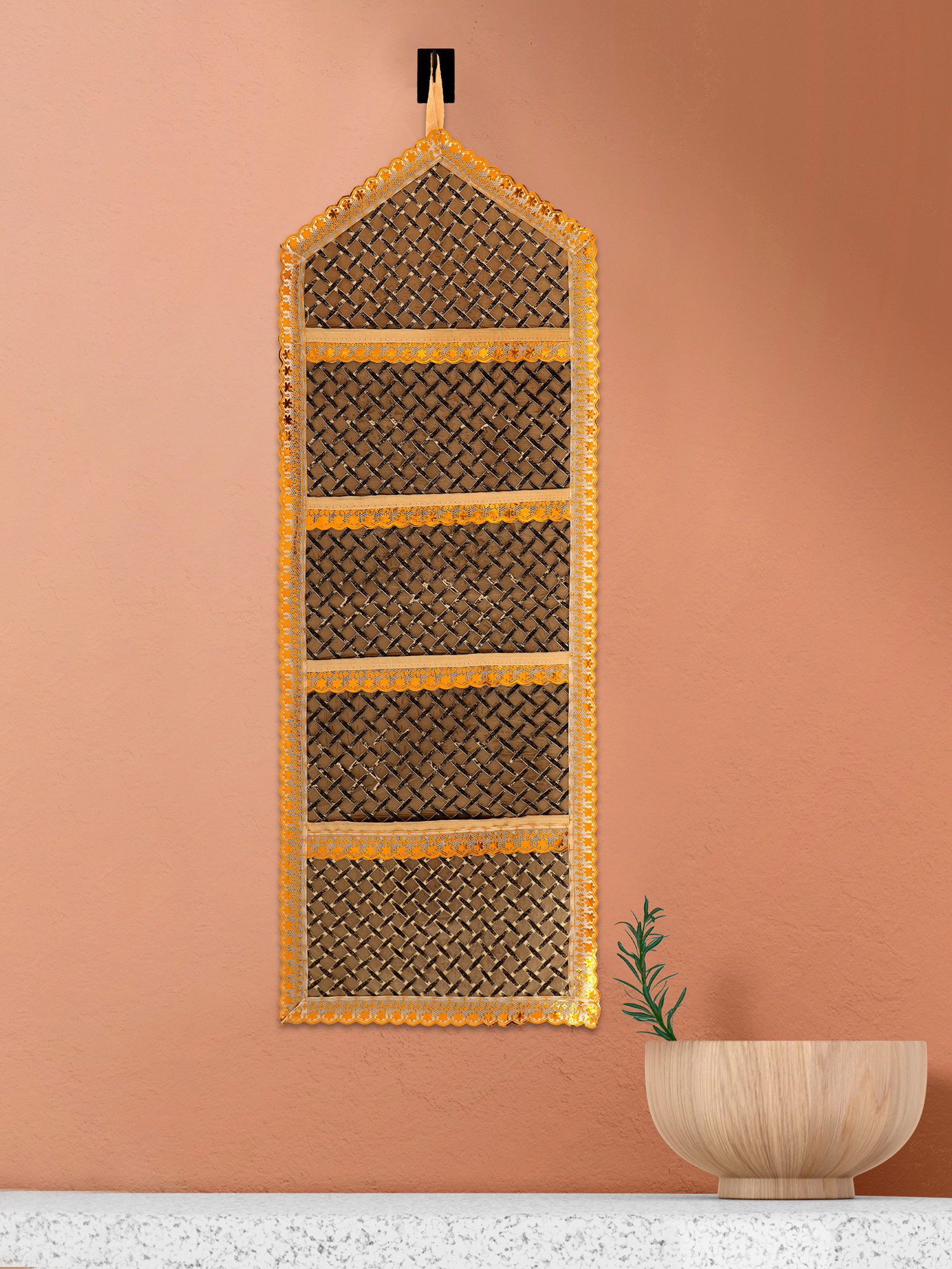 Kuber Industries Paper Holder | Foldable Hanging Organizer | PVC Shining Zig Zag Design Document Holder | Wall Hanging Organizer with 3 Pocket | Golden