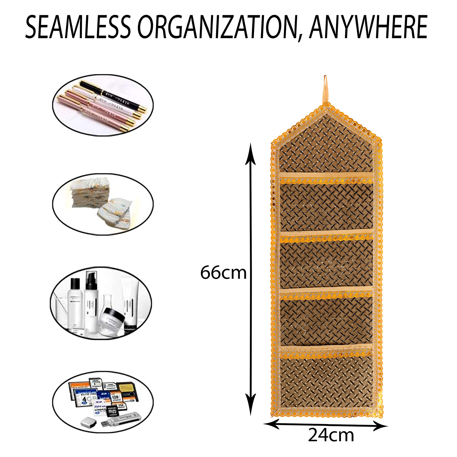 Kuber Industries Paper Holder | Foldable Hanging Organizer | PVC Shining Zig Zag Design Document Holder | Wall Hanging Organizer with 3 Pocket | Golden