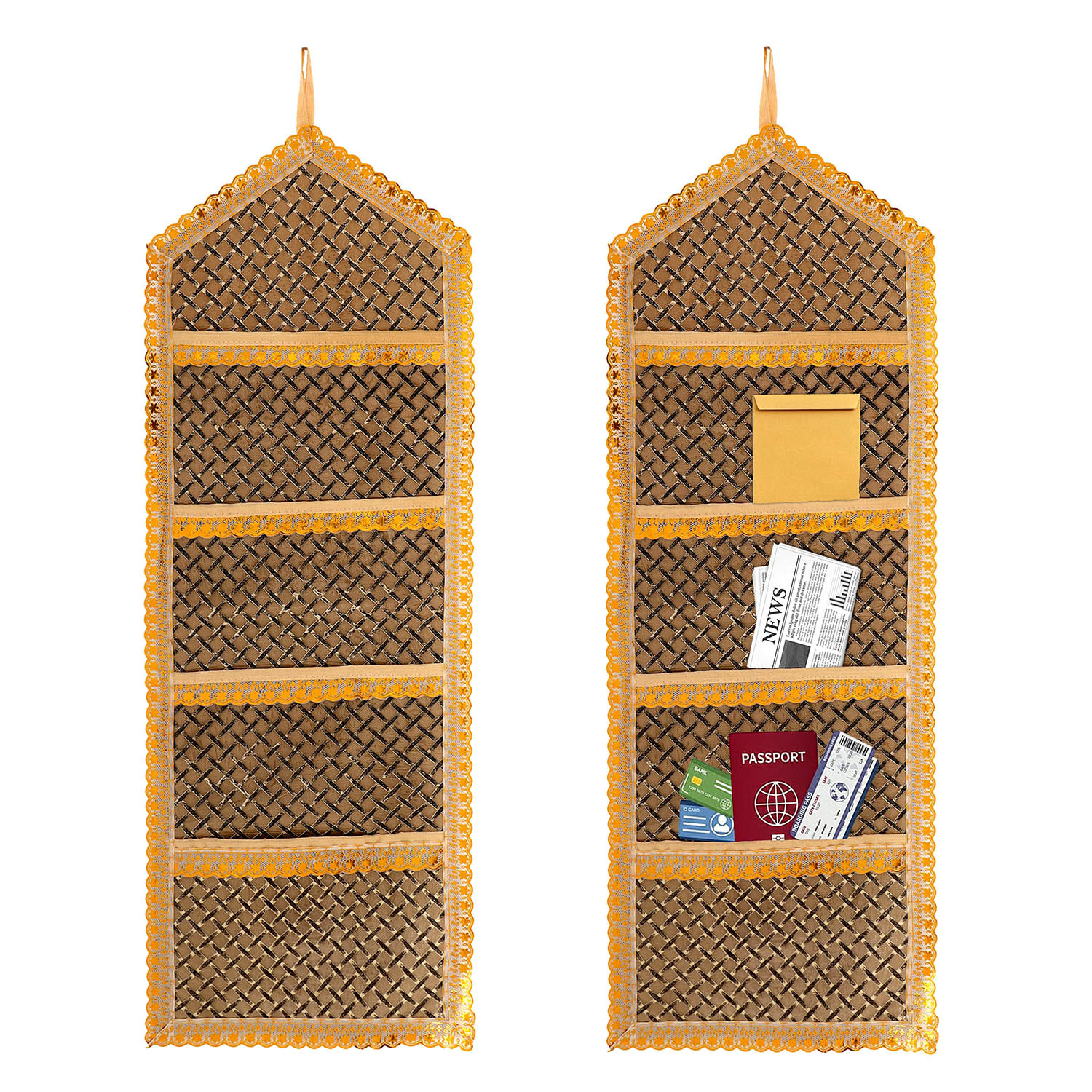 Kuber Industries Paper Holder | Foldable Hanging Organizer | PVC Shining Zig Zag Design Document Holder | Wall Hanging Organizer with 3 Pocket | Golden