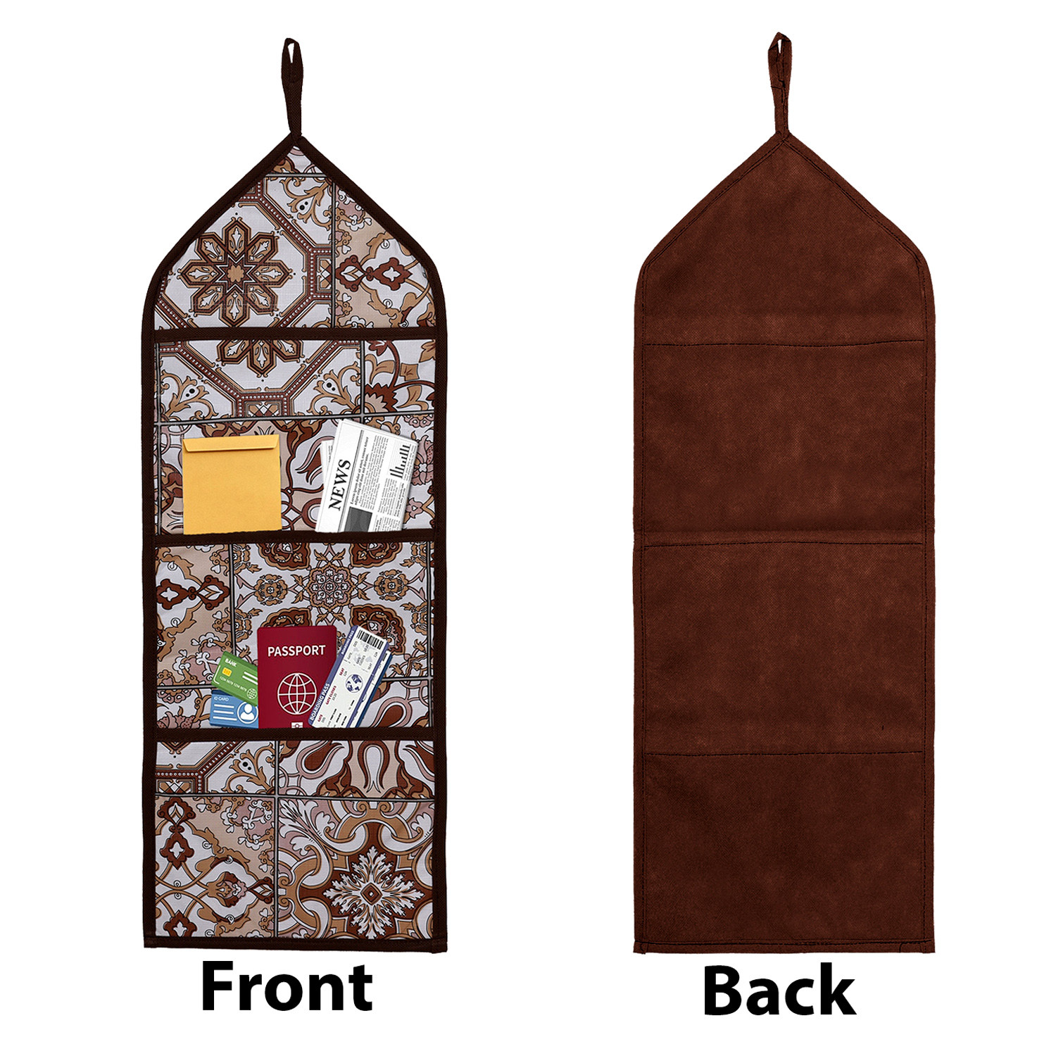 Kuber Industries Paper Holder  Foldable Hanging Organizer  PVC Star Design Document Holder  Wall Hanging Organizer with 3 Pocket  Brown
