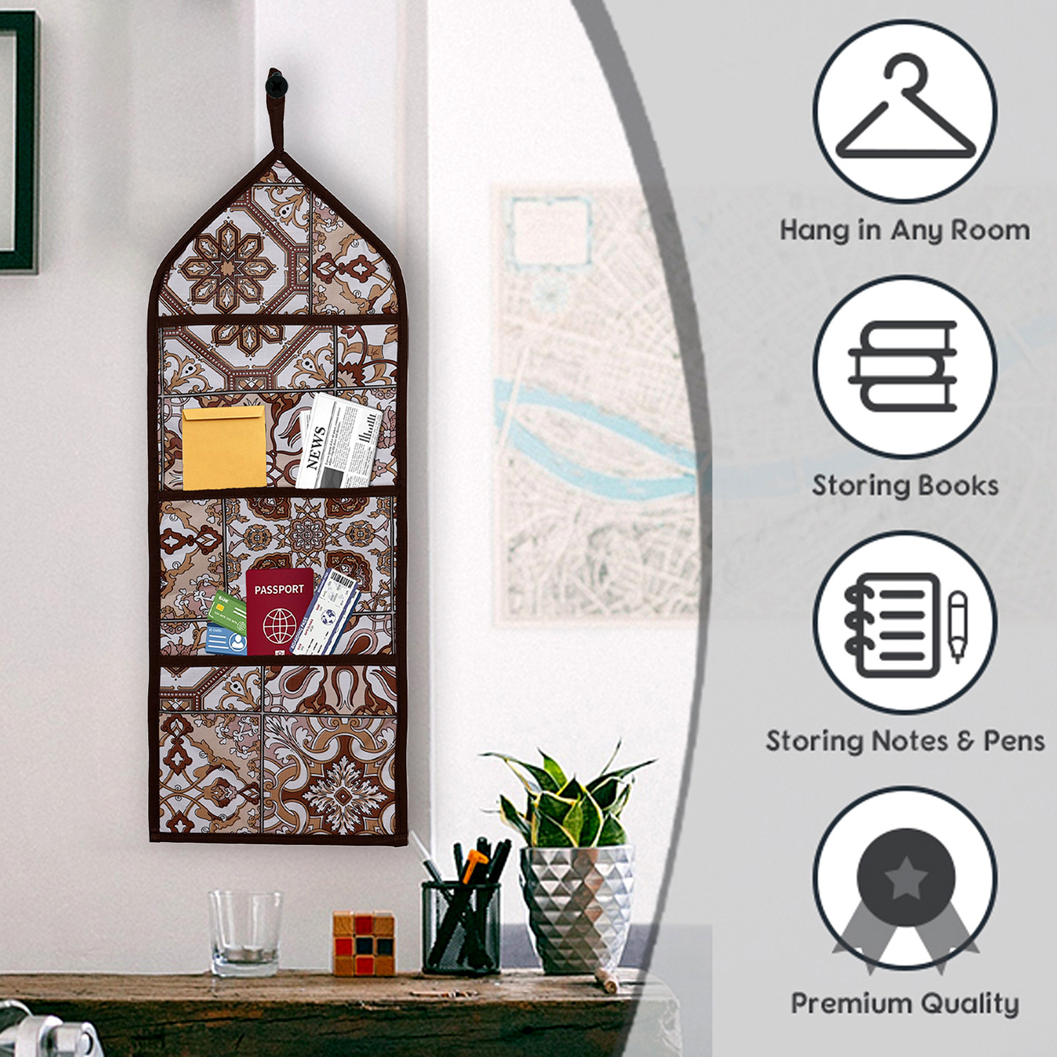 Kuber Industries Paper Holder  Foldable Hanging Organizer  PVC Star Design Document Holder  Wall Hanging Organizer with 3 Pocket  Brown