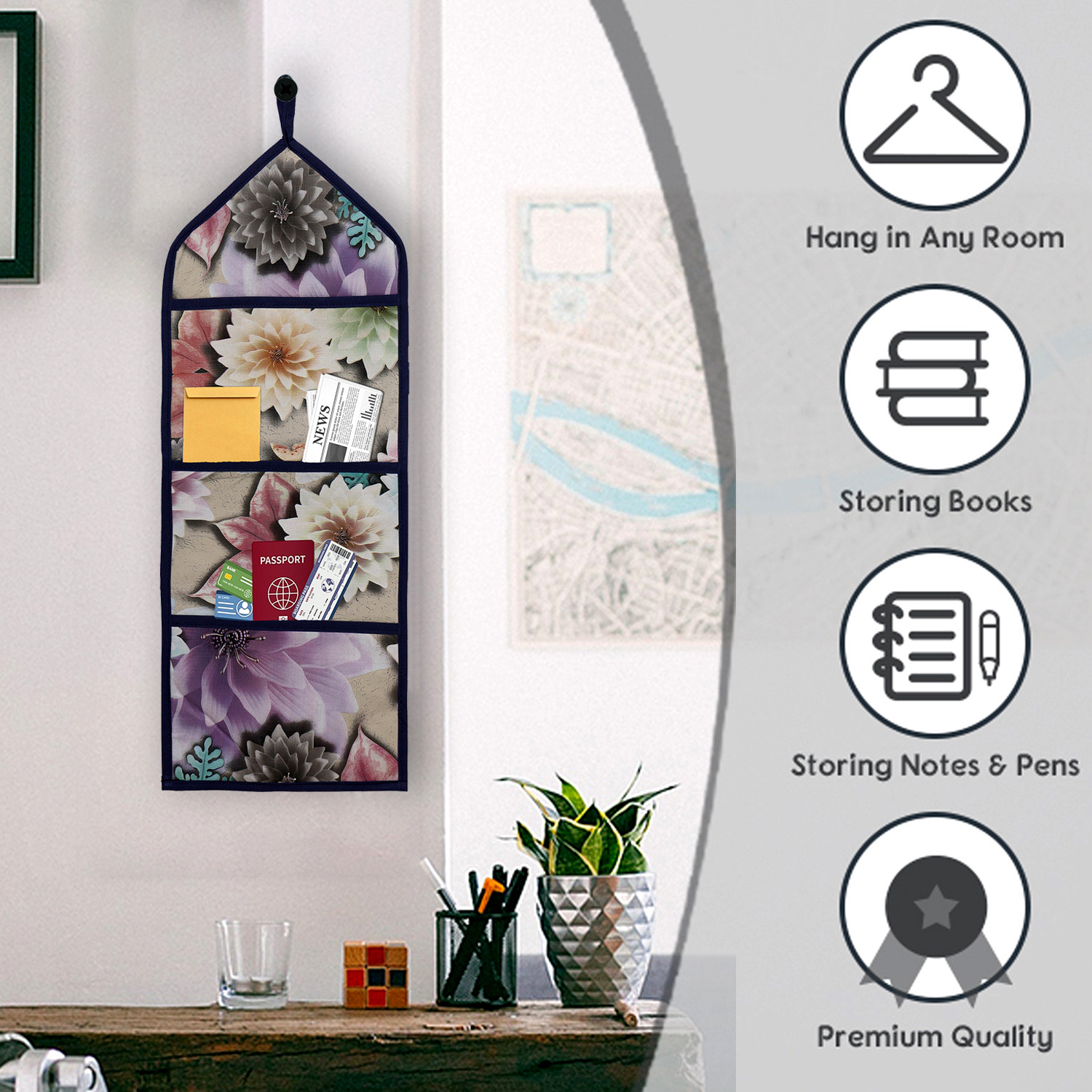 Kuber Industries Paper Holder  Foldable Hanging Organizer  PVC Sunflower Document Holder  Wall Hanging Organizer with 3 Pocket  Brown