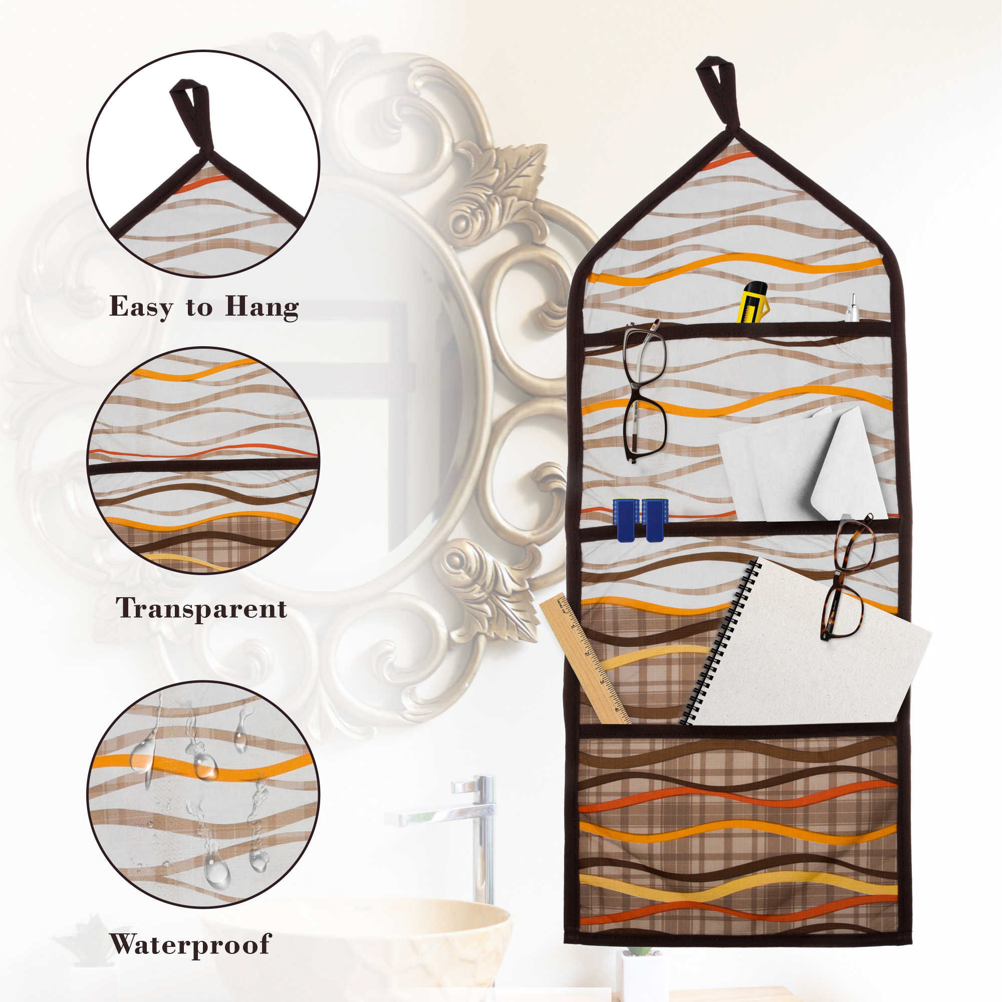 Kuber Industries Paper Holder  Foldable Hanging Organizer  PVC Zig Zag Document Holder  Wall Hanging Organizer with 3 Pocket  Cream